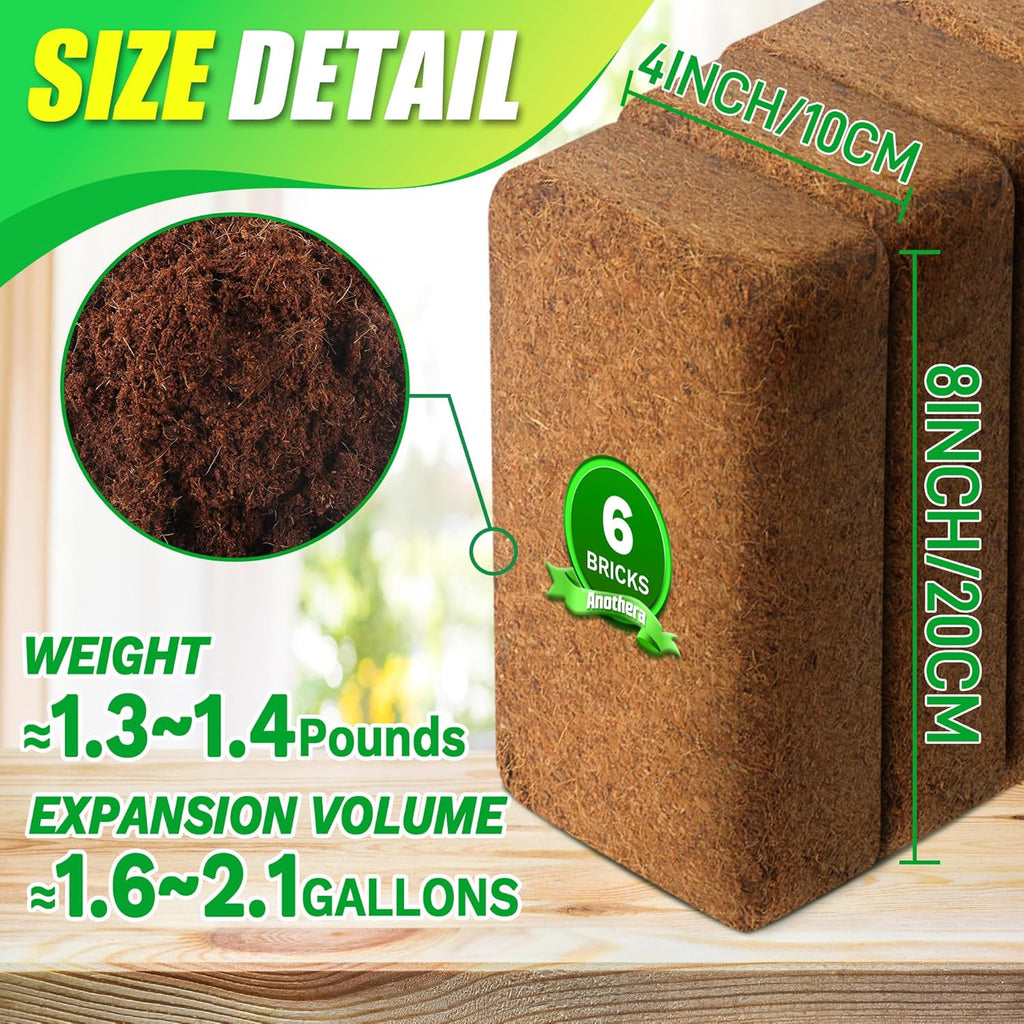 Coco Coir Brick for Plants-6 Pack Premium Coconut Bricks, 100% Organic Peat Moss, Fiber Coconut Husk for Planting, Gardening, Potting Soil Substrate