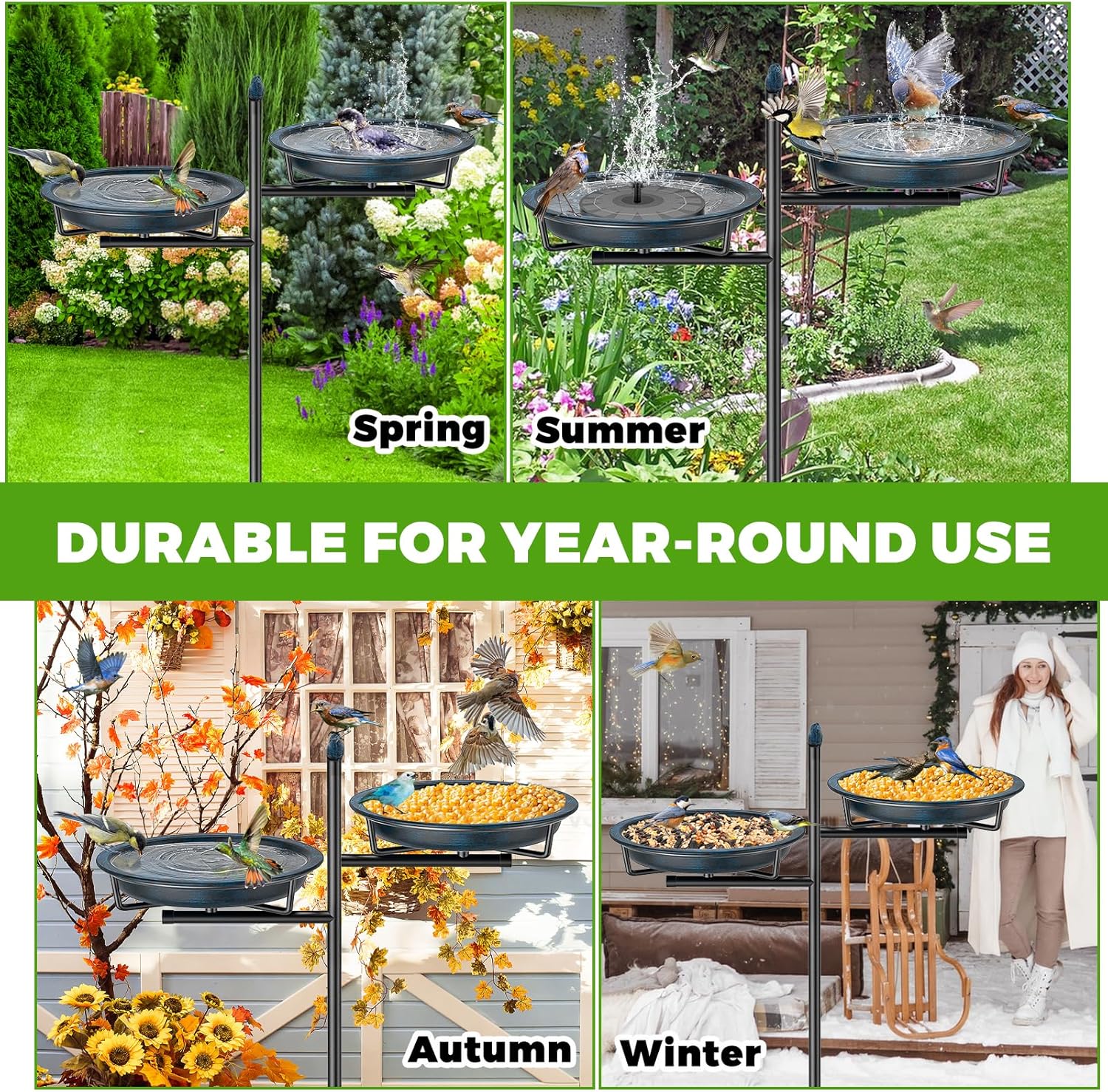 2-in-1 Metal Bird Bath for Outside, Vintage Freestanding Birdbaths Feeder Bowl, Stable & Easy to Clean Birdfeeder for Outdoors Garden Yard Lawn Decor (Vintage Blue)