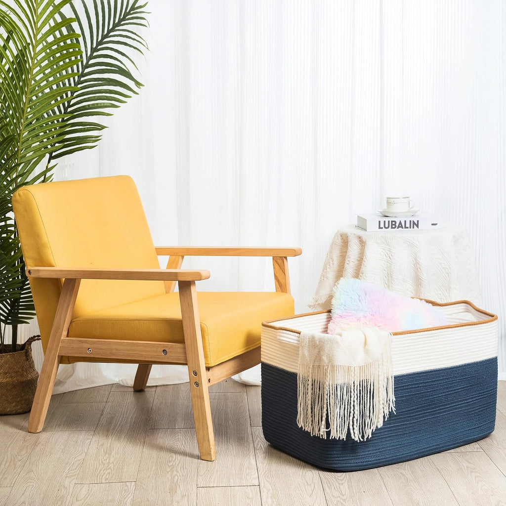 MINTWOOD Design 22in Extra Large Blanket Basket Holder Living Room, Rectangle Rope Woven Storage Basket with Handles for Laundry, Pool Towels, and Shoes, Dog Toy Organizer Bin Box, Prussian Blue