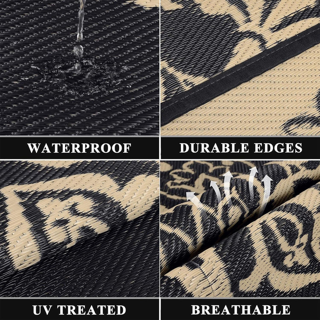 Pauwer Waterproof Outdoor Rug 8x10, Reversible Plastic Straw Patio Camping Rug, Indoor Outdoor RV Mat Carpet for Deck, Camper, Porch, Balcony, Backyard, Picnic, Boho Black Brown