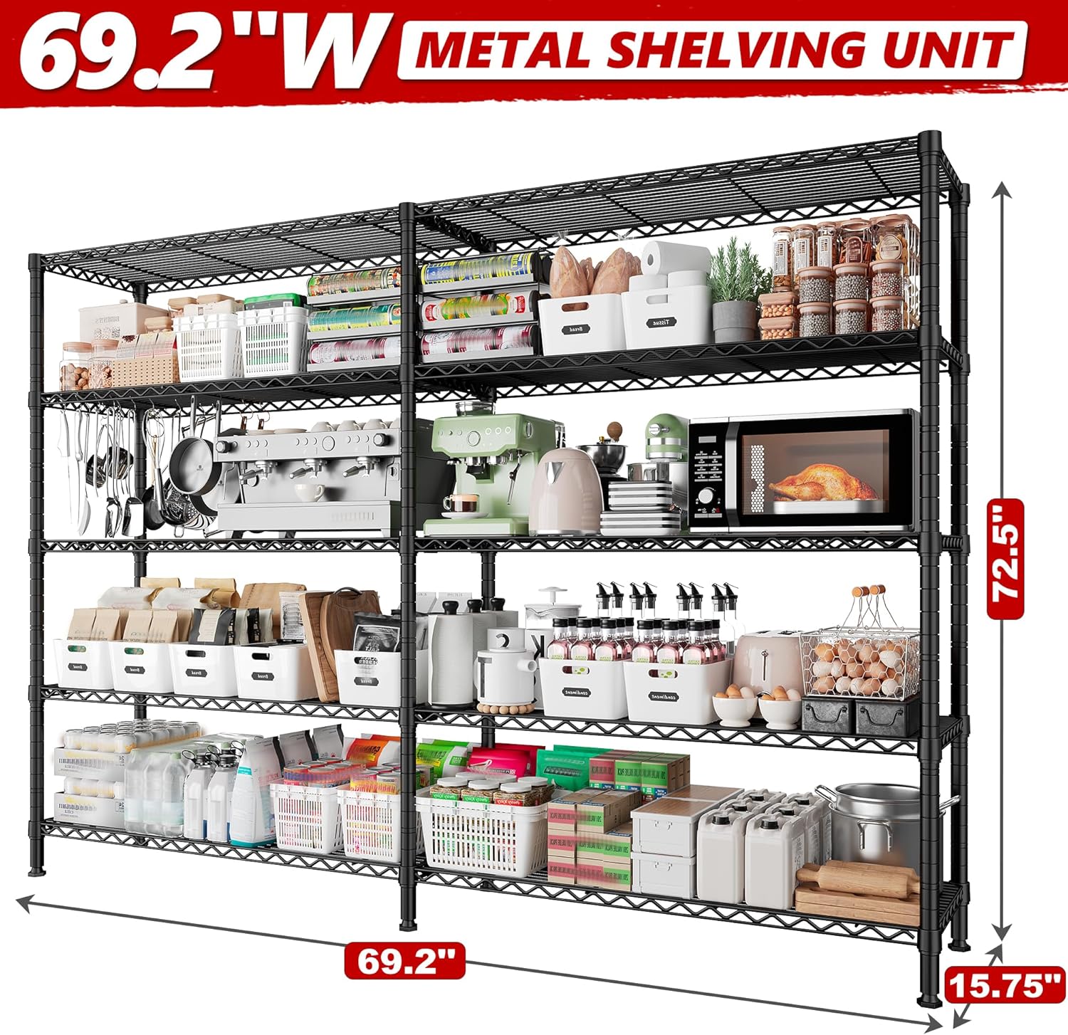 REIBII 70" W Storage Shelves Heavy Duty Load 1600LBS, Metal Shelving 5-Tier Wire Shelving Unit Metal Shelves for Storage Adjustable Shelving Rack for Pantry Kitchen 70" W*15.8" D*72.4" H, 2 Pack