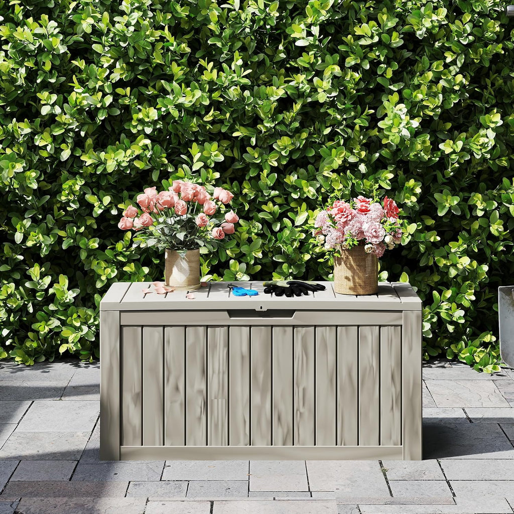 80 Gallon Coffee Resin Deck Box - Rustic Outdoor Storage for Garden Tools, Patio Essentials & Package Delivery - Weatherproof, Lockable for Farmhouse Decks