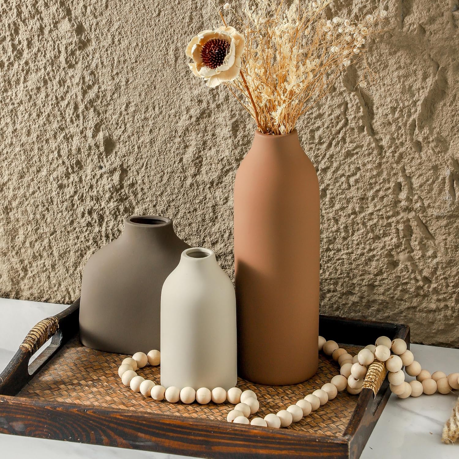 Ceramic Vase Set of 3,Flower Vase Home Decor,Rustic Modern Farmhouse Decor Pottery Vases, Pampas Grass Dried Fresh Flowers,Bedroom,Living Room,Bookshelf Decoration, Centerpiece Table Decor,Boho Decor.