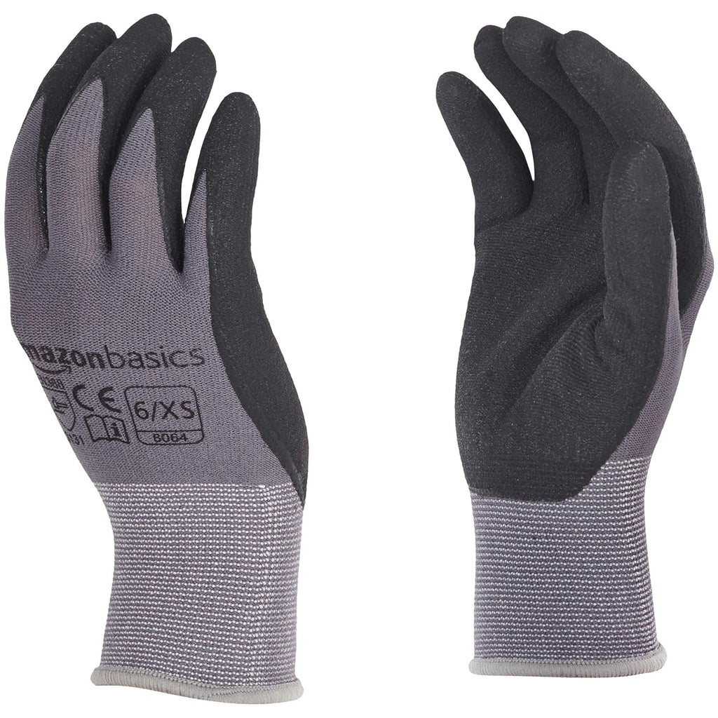 Amazon Basics Micro-Foam Nitrile Coated Work Gloves, Nylon Liner Fiber, Touch Screen, Grey, Size 6/XS, 12-Pair