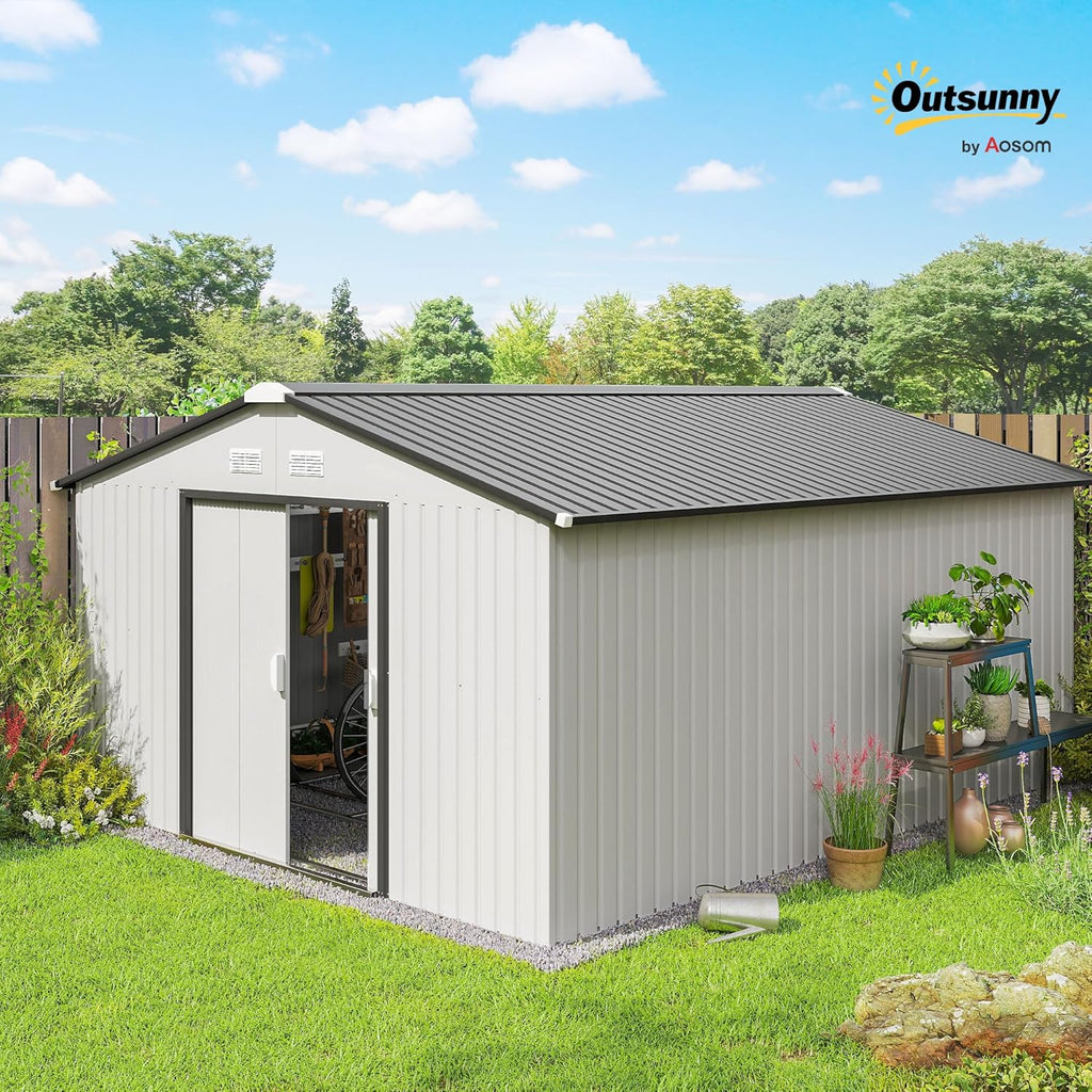 Outsunny 11' x 13' Outdoor Storage Shed, Garden Tool Metal Shed with Foundation Kit, Double Lockable Door, Air Vents and Sloping Roof, for Backyard, Patio, Lawn, White