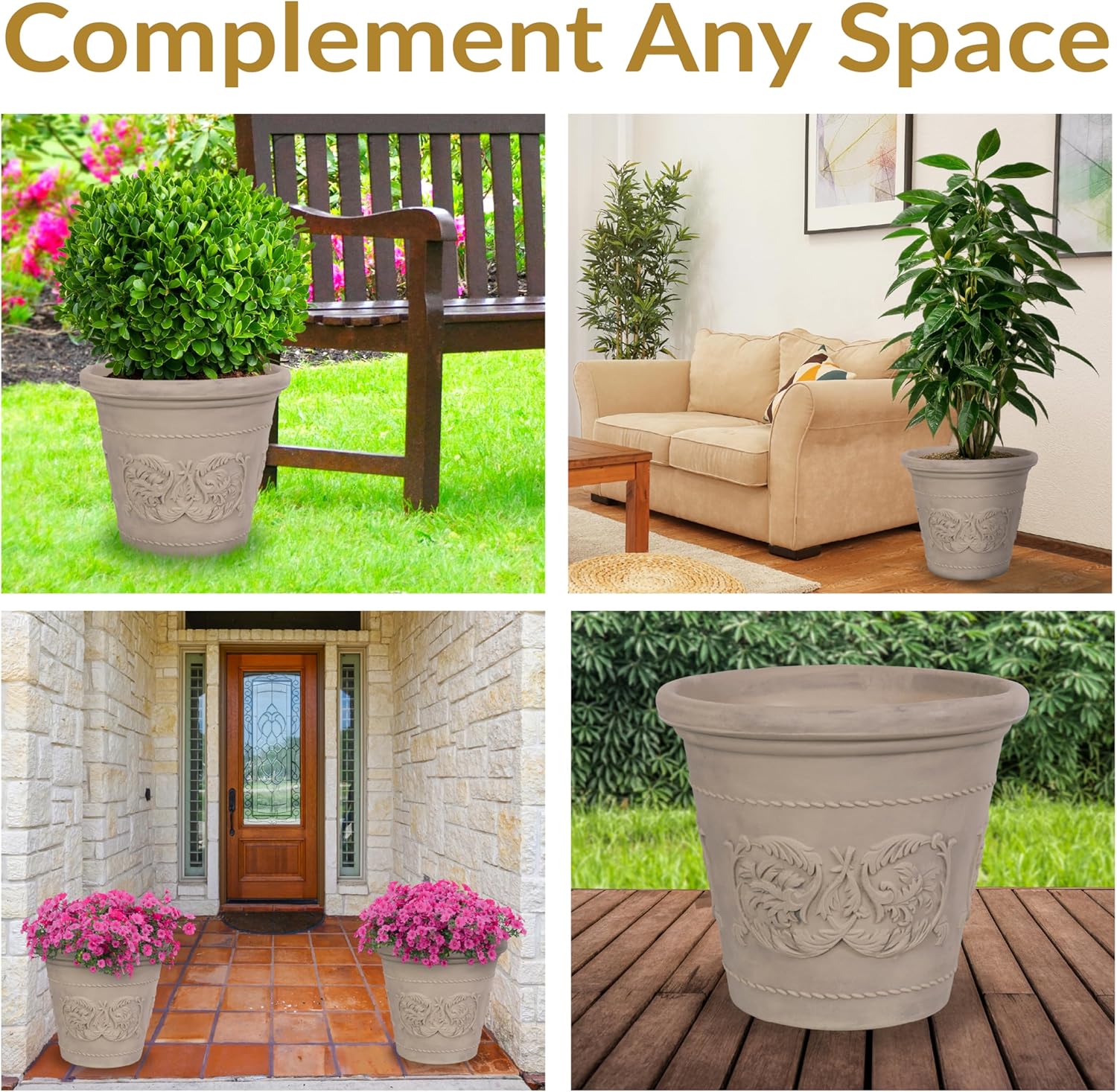 Sunnydaze 19.5-Inch Arabella Large Plant Pot - Polyresin Round Outdoor Planter with Drillable Drainage Holes - Beige