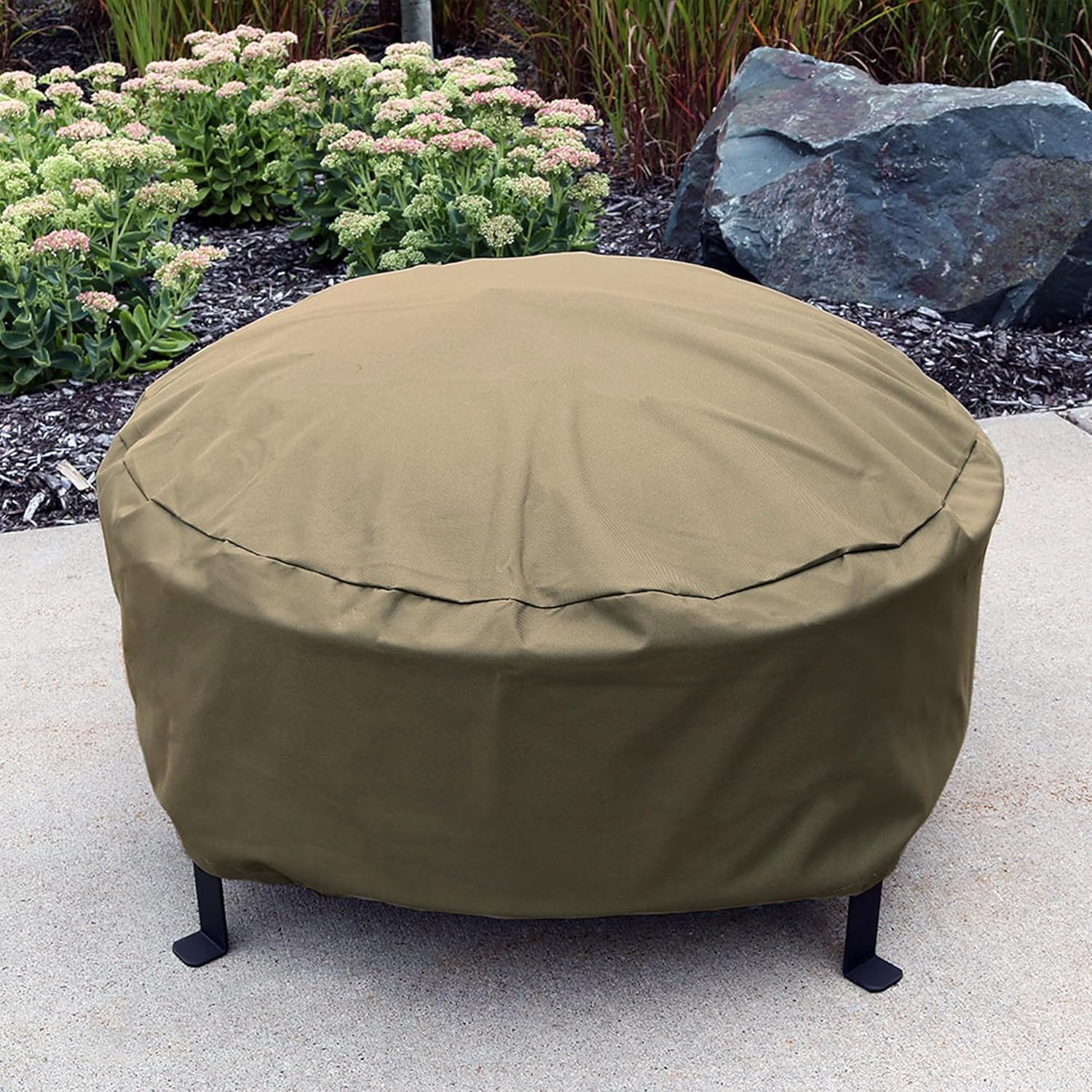 Sunnydaze Round Outdoor Fire Pit Cover - Heavy-Duty 300D Polyester and PVC with Drawstring Closure - Khaki - 30-Inch