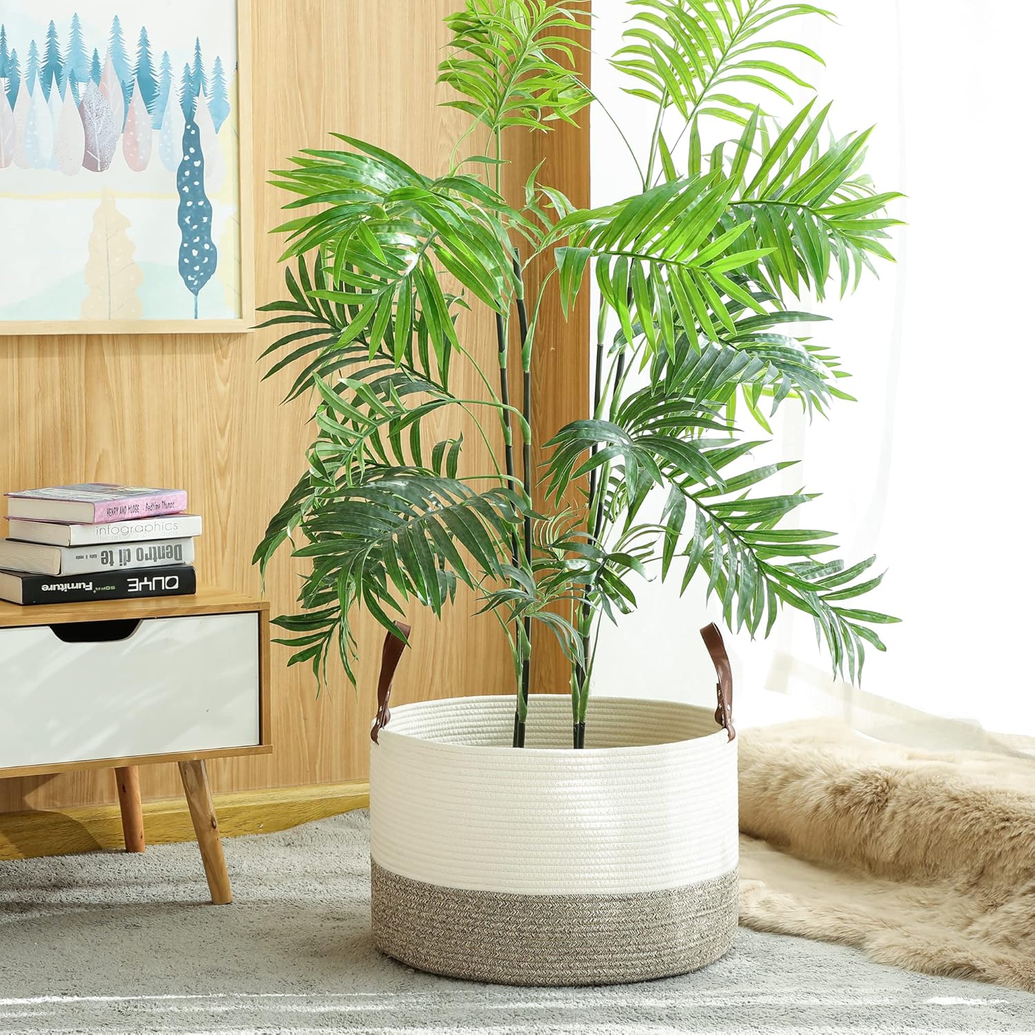 KAKAMAY Large Blanket Basket (20"x13"),Woven Baskets for storage Baby Laundry Hamper,Cotton Rope Blanket Basket for Living Room, Laundry, Nursery, Pillows, Baby Toy chest (White/Beige)