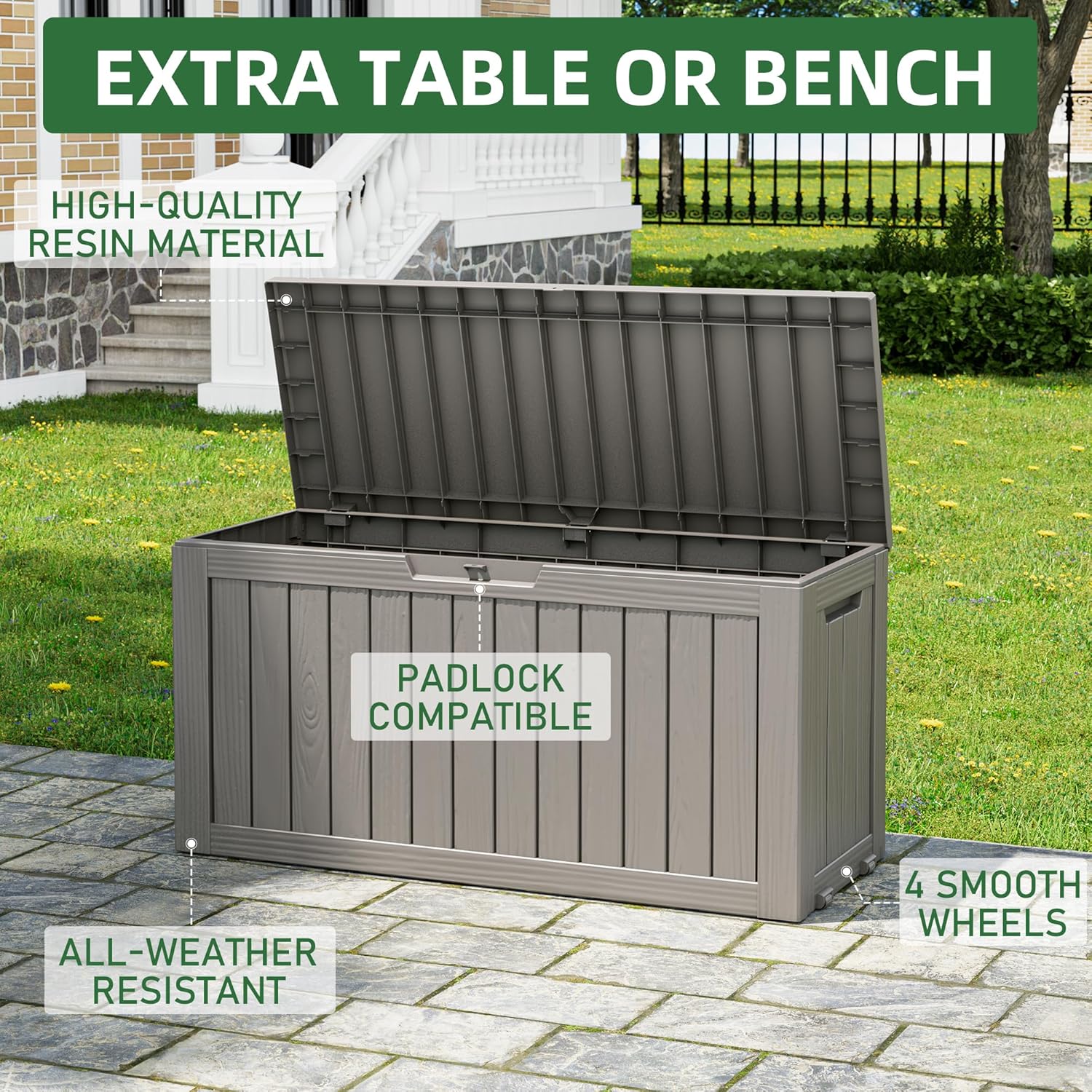 NUNU LAB 75 Gallon Outdoor Storage Box,Resin Large Sturdy Deck Box, Backyard Outside Storage Box Waterproof with Double Wall Panels,Garden Box,Package Delivery Outdoor Hose Storage Bin