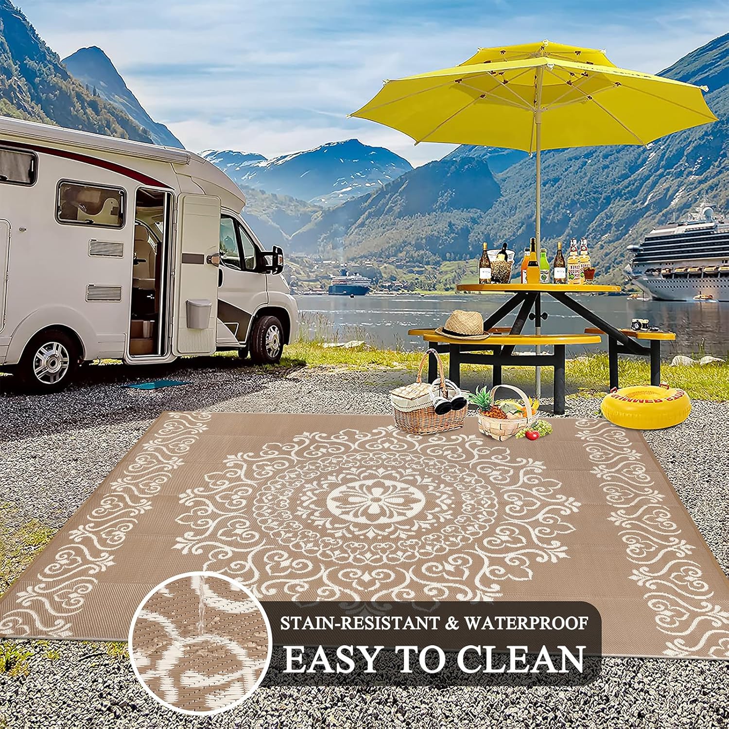 Pauwer Waterproof Outdoor Rug 9x12, Reversible Plastic Straw Patio Camping Rug, Indoor Outdoor RV Mat Carpet for Deck, Camper, Porch, Balcony, Backyard, Picnic, Floral Brown