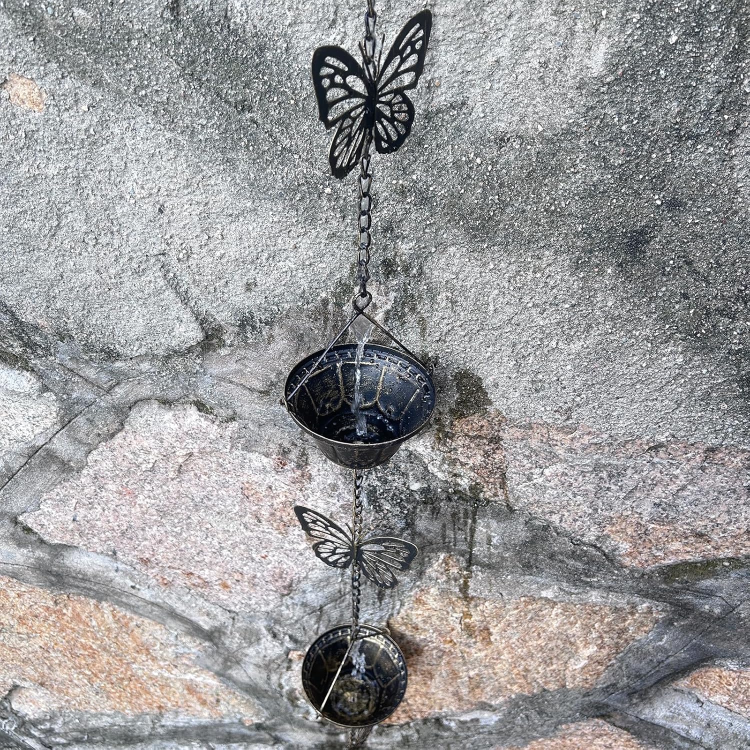 8.5FT Rain Chains for Gutters Downspouts, Butterfly and Cup Rain Gutter Chain, Functional and Decorative Replacement Rainchains for Downspout, Metal Rain Catcher Chimes for Outside, Vintage Copper