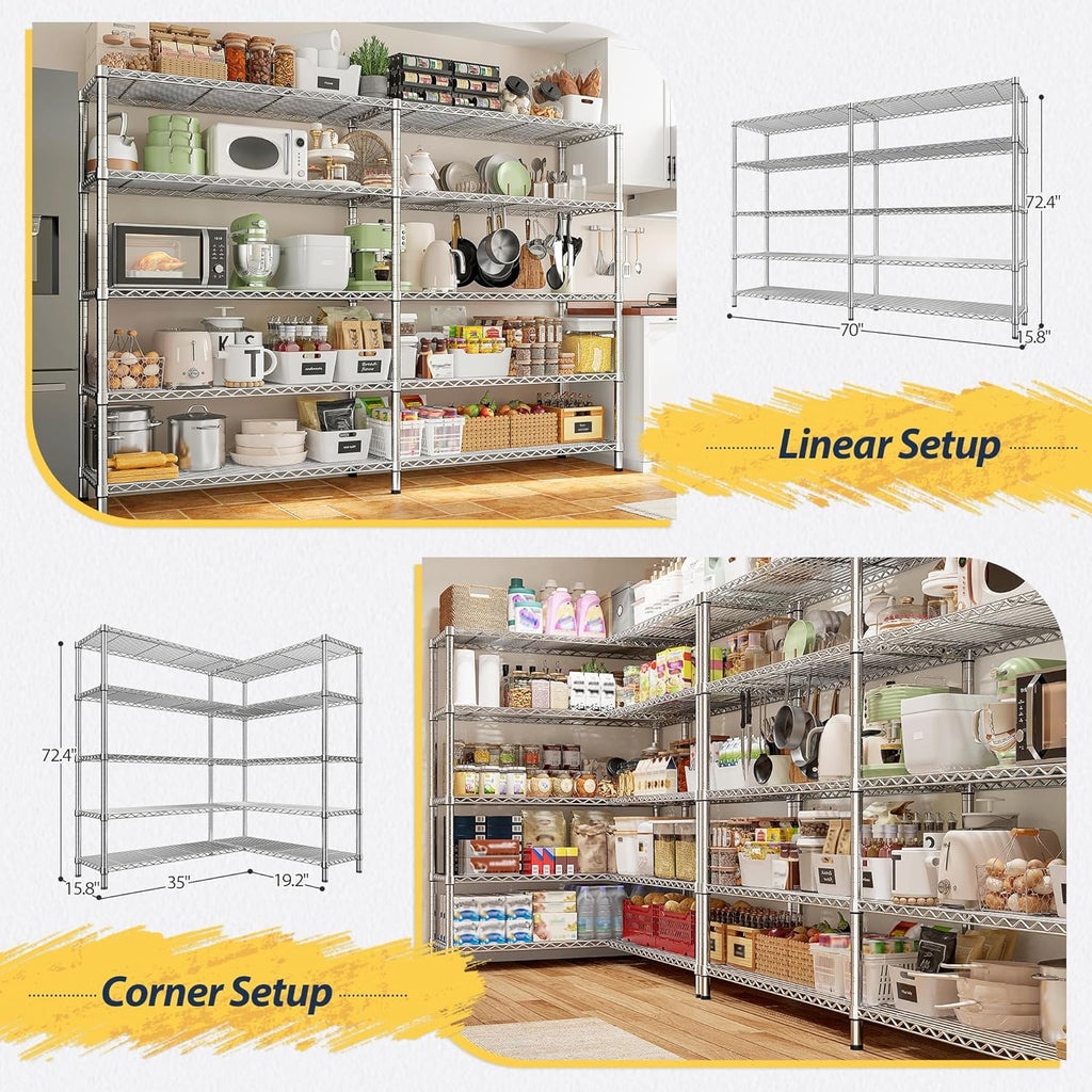 REIBII 70" W Wire Shelving Load 1500LBS, Metal Shelving 5-Tier Storage Shelves Metal Shelves for Storage Adjustable Shelving Rack for Pantry Kitchen Commercial School 70" W*15.8" D*72.4" H,Chrome