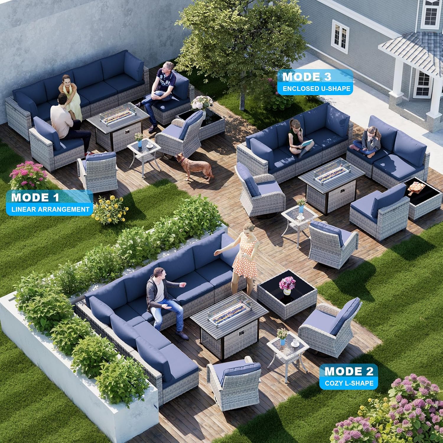 11-Piece Patio Furniture Set, Outdoor Patio Furniture with Fire Pit Table, Swivel Chairs Set, Thick Cushions, Modular Patio Sofa, Dual-Strand Wicker Rattan, Rust-Resistant Frame, Navy Blue