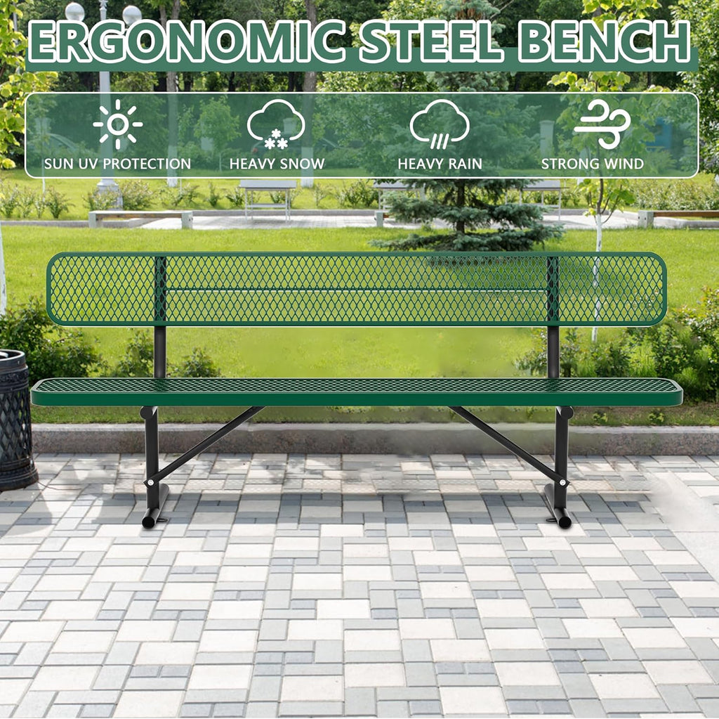8FT Benches for Outside, Heavy-Duty Green Outdoor Garden Bench with Back, Metal Park Bench, Commercial-Grade Seating,Industrial Bench Patio Bench Furniture for Beach Yard School Shopping Centers
