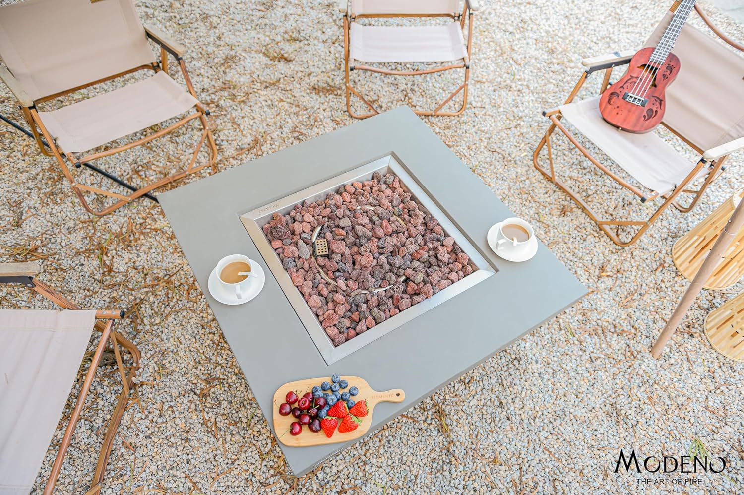 AMS Fireplace | Modeno Westport Package | Light Gray Natural Gas Fire Pit Table for Outside Patio Bundle with Wind Guard, and SS Burner Lid | Free Ice Bucket & Rubber Mat