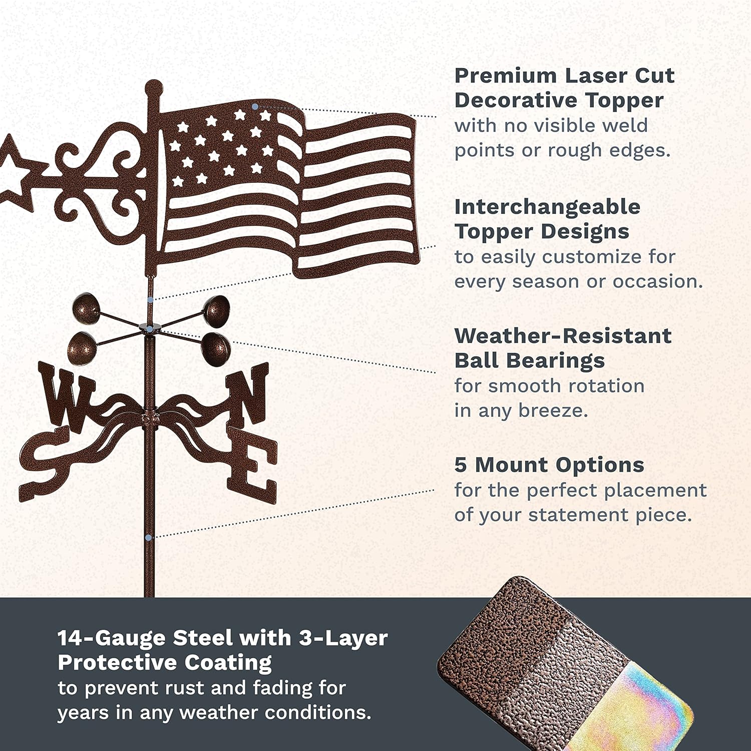 EZ Vane Steel USA Flag Weathervane 21” Height, Includes Metal Roof Mount, Wind Cups & Brackets | Hand-Crafted and Family-Owned, Made in The USA with Triple Powder Coating, Limited