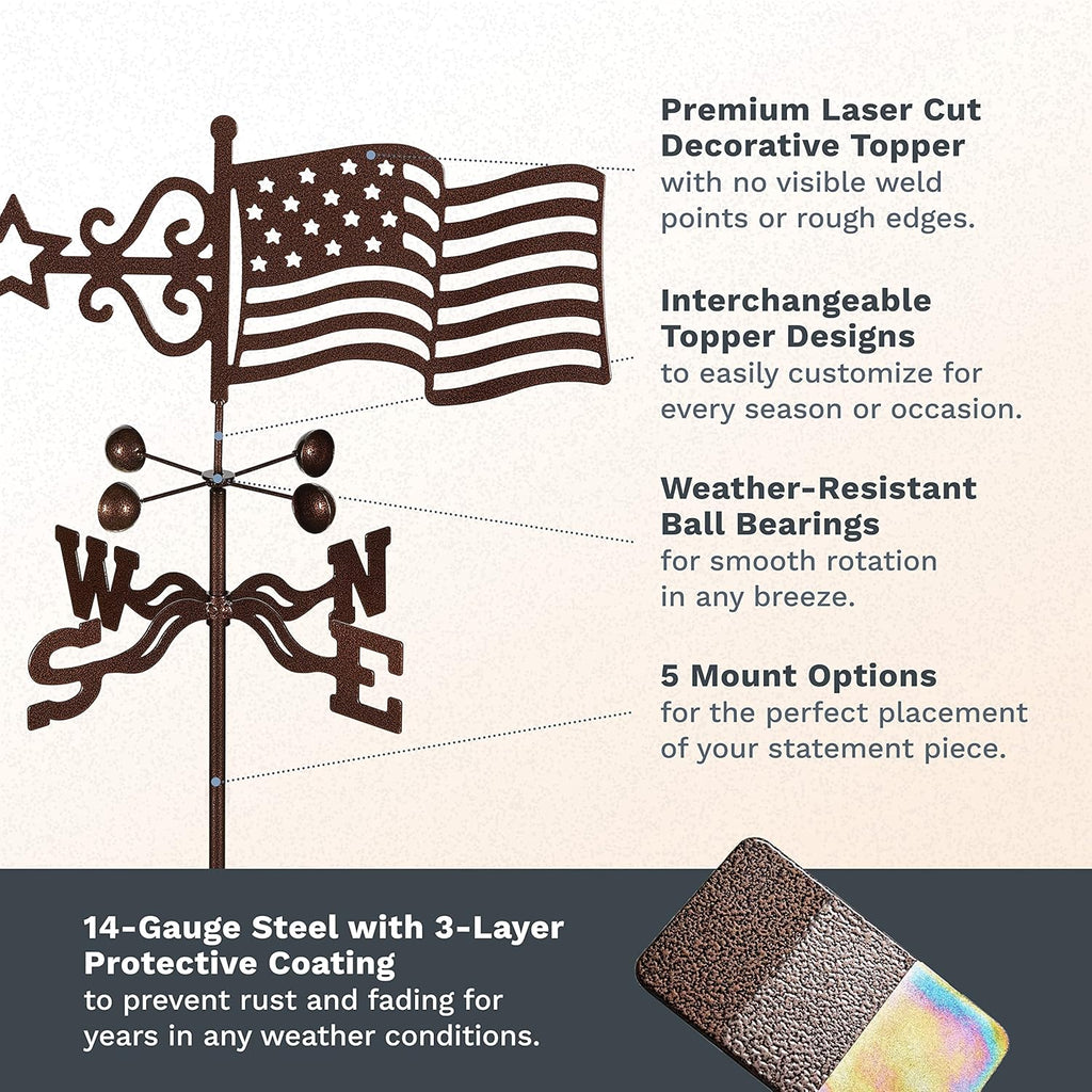 EZ Vane Steel USA Flag Weathervane 21” Height, Includes Metal 4-Sided Mount, Wind Cups & Brackets | Hand-Crafted and Family-Owned, Made in The USA with Triple Powder Coating, Limited