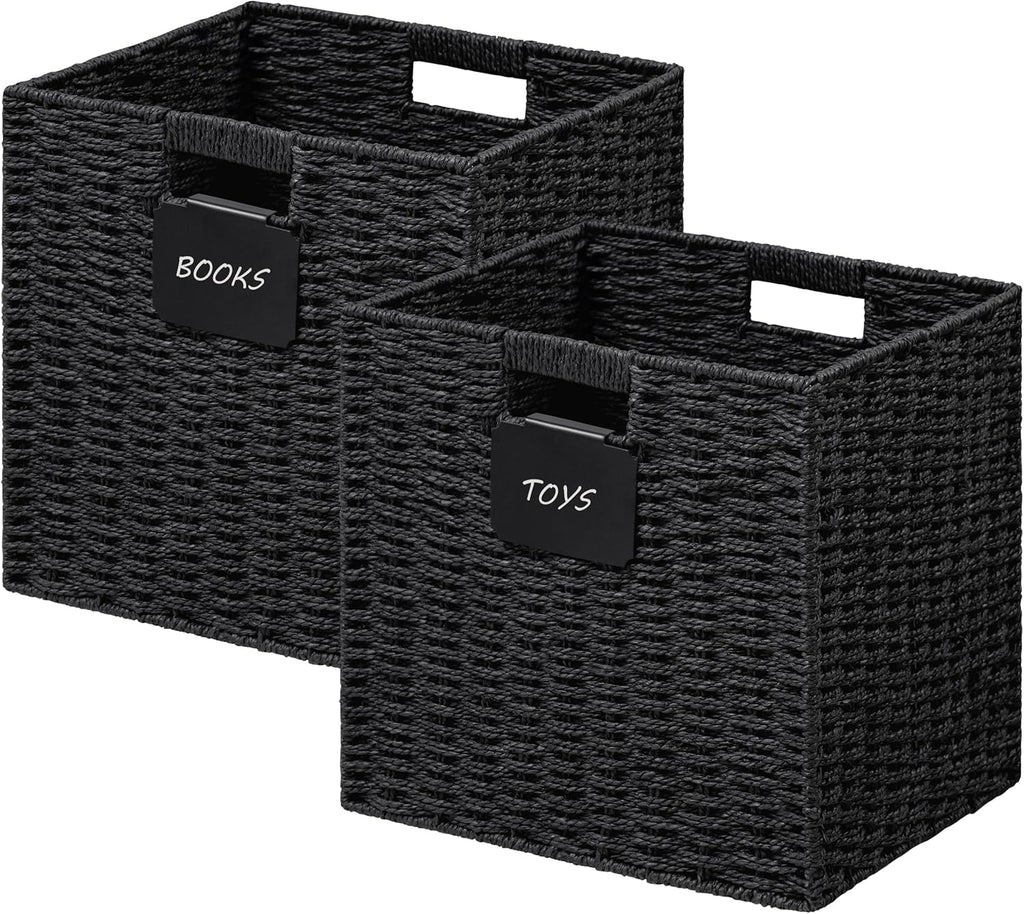 UBBCARE 2 Pack Wicker Basket, 10.5×10.5 Storage Cubes with Label, Foldable Cube Storage Bin with Handle, Square Storage Basket for Shelves, Woven Paper Rope Basket for Organizing, Black