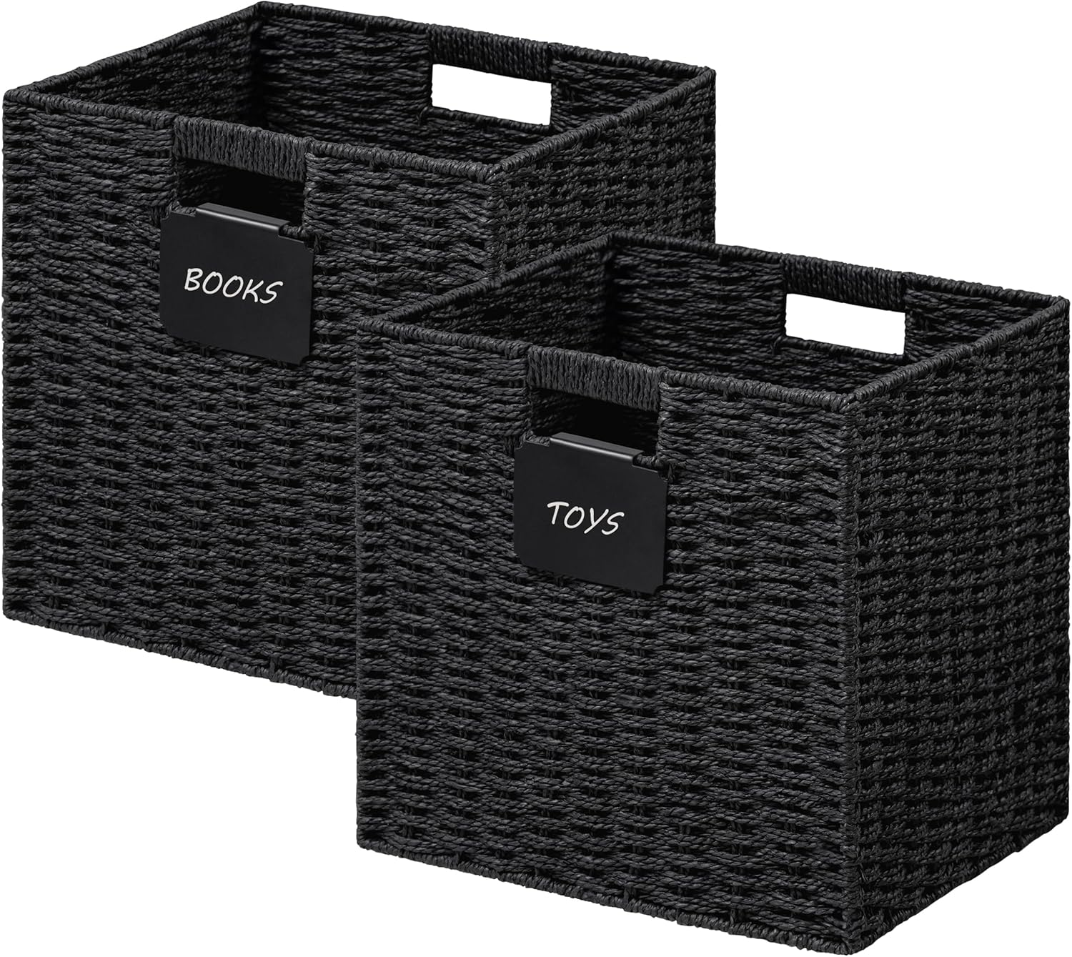 UBBCARE 2 Pack Wicker Basket, 10.5×10.5 Storage Cubes with Label, Foldable Cube Storage Bin with Handle, Square Storage Basket for Shelves, Woven Paper Rope Basket for Organizing, Black