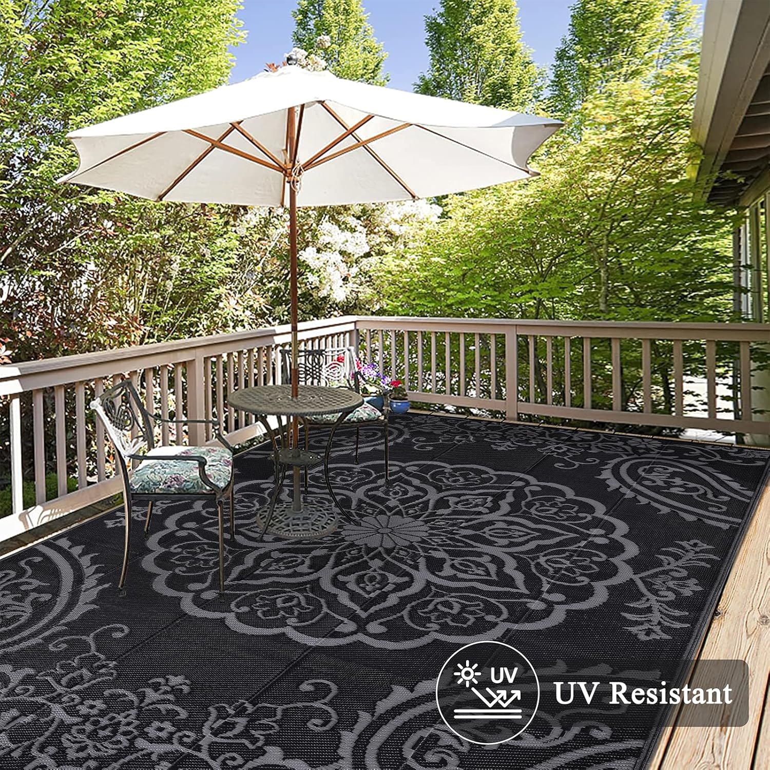 Pauwer Waterproof Outdoor Rug 8x10, Reversible Plastic Straw Patio Camping Rug, Indoor Outdoor RV Mat Carpet for Deck, Camper, Porch, Balcony, Backyard, Picnic, Boho Black Grey