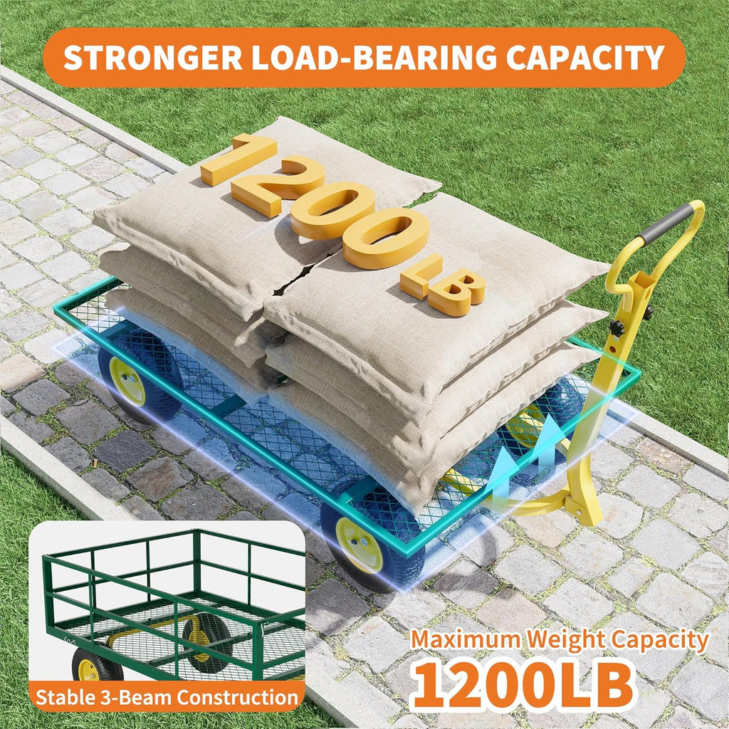 3-in-1 Heavy-Duty Steel Garden Cart, 1200 Lbs Garden Wagon, with 13 Inch All-Terrain Tires and Removable Mesh Side Panels, 180° Rotating Handle, Metal Utility Yard Trailer, Outdoor Gardens Wagon Cart