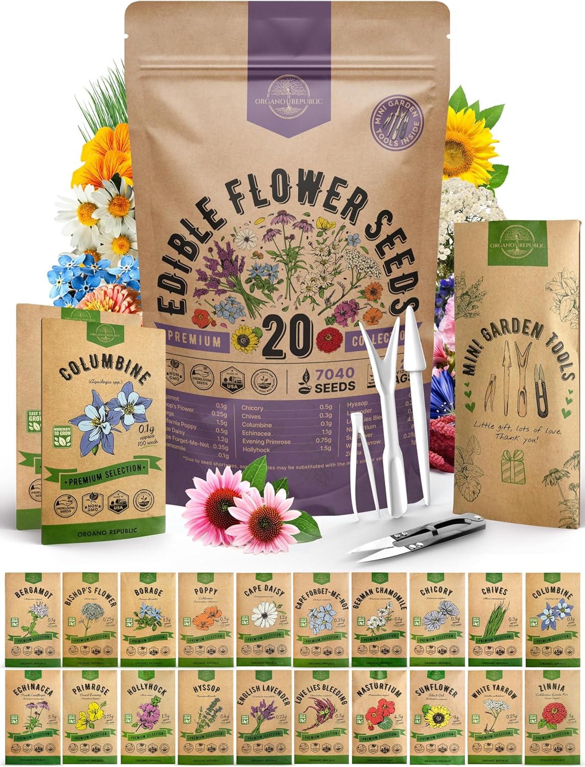 Organo Republic 20 Edible Flower Seeds Variety Pack- Indoor/Outdoor. 7000+ Non-GMO Heirloom: Borage, Bergamot, Nasturtium, Chives, Cape Daisy, Hyssop, Zinnia Seeds & More