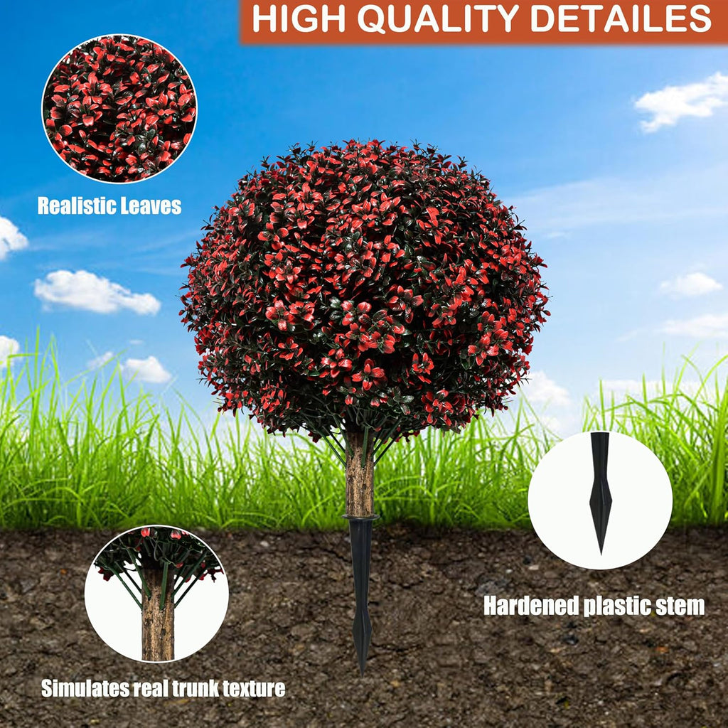 Fall Artificial Topiary Ball Boxwood Tree Outdoor with Spike,Set of 2 Large Faux Shrubs Bushes for Outdoor Planter,UV Resistant Autumn Fake Boxwood Plants for Potted Porch Indoor 24"