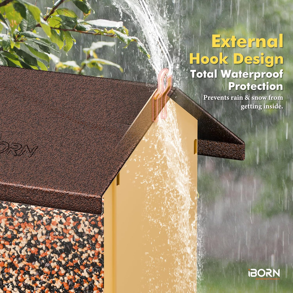 iBorn Bird Feeders for Outdoors,Bird House Feeder with Weatherproof Metal Roof & 8 Drain Holes,Fully Detachable Birdfeeder Design,Easy Clean & Refill,Chew-Proof PC Windows,1.5 Lbs Capacity,Coffee Roof