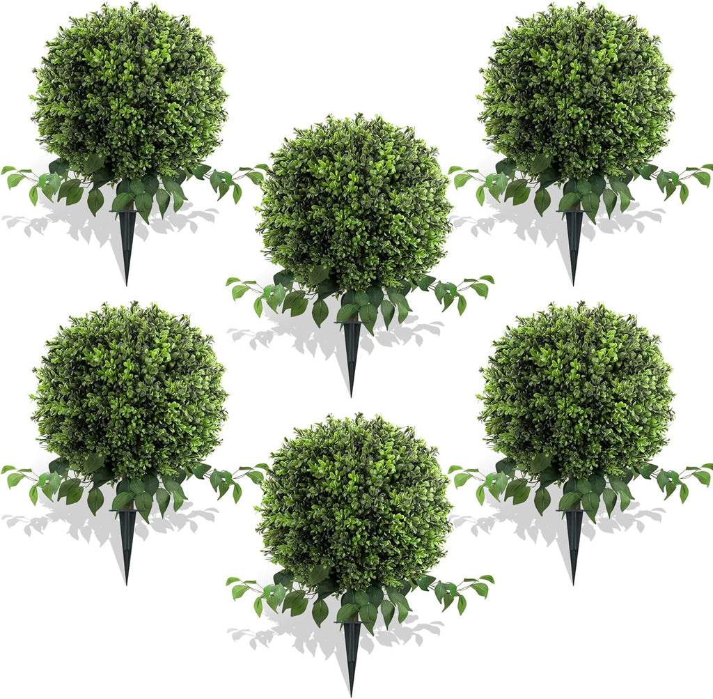 28" Artificial Boxwood Ball Bush, UV Resistant Topiary Tree Faux Boxwood Ball Shaped Porch Bushes with Ground Spike Artificial Bushes for Outdoors Front Door Decor Home Garden (6, Green)