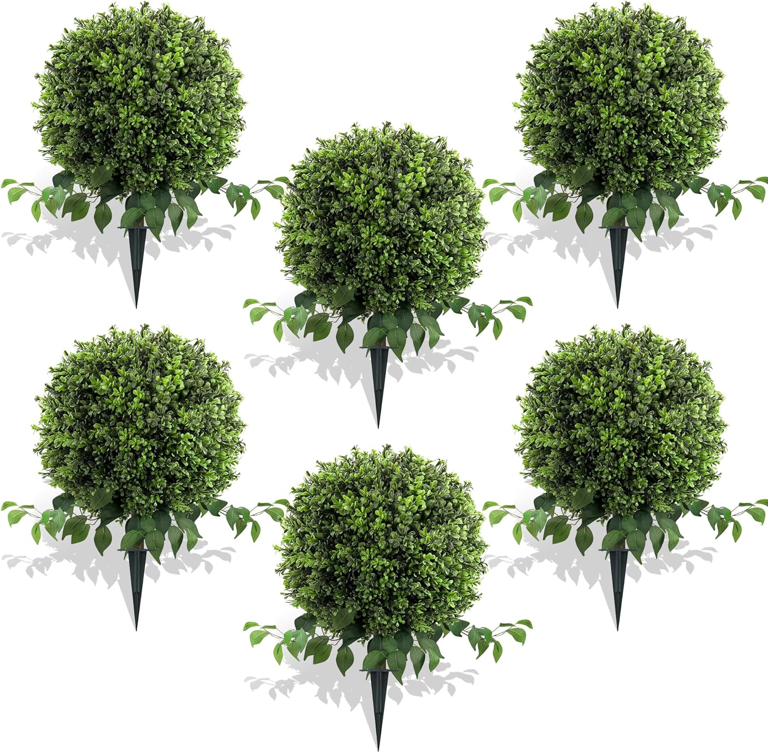 28" Artificial Boxwood Ball Bush, UV Resistant Topiary Tree Faux Boxwood Ball Shaped Porch Bushes with Ground Spike Artificial Bushes for Outdoors Front Door Decor Home Garden (6, Green)