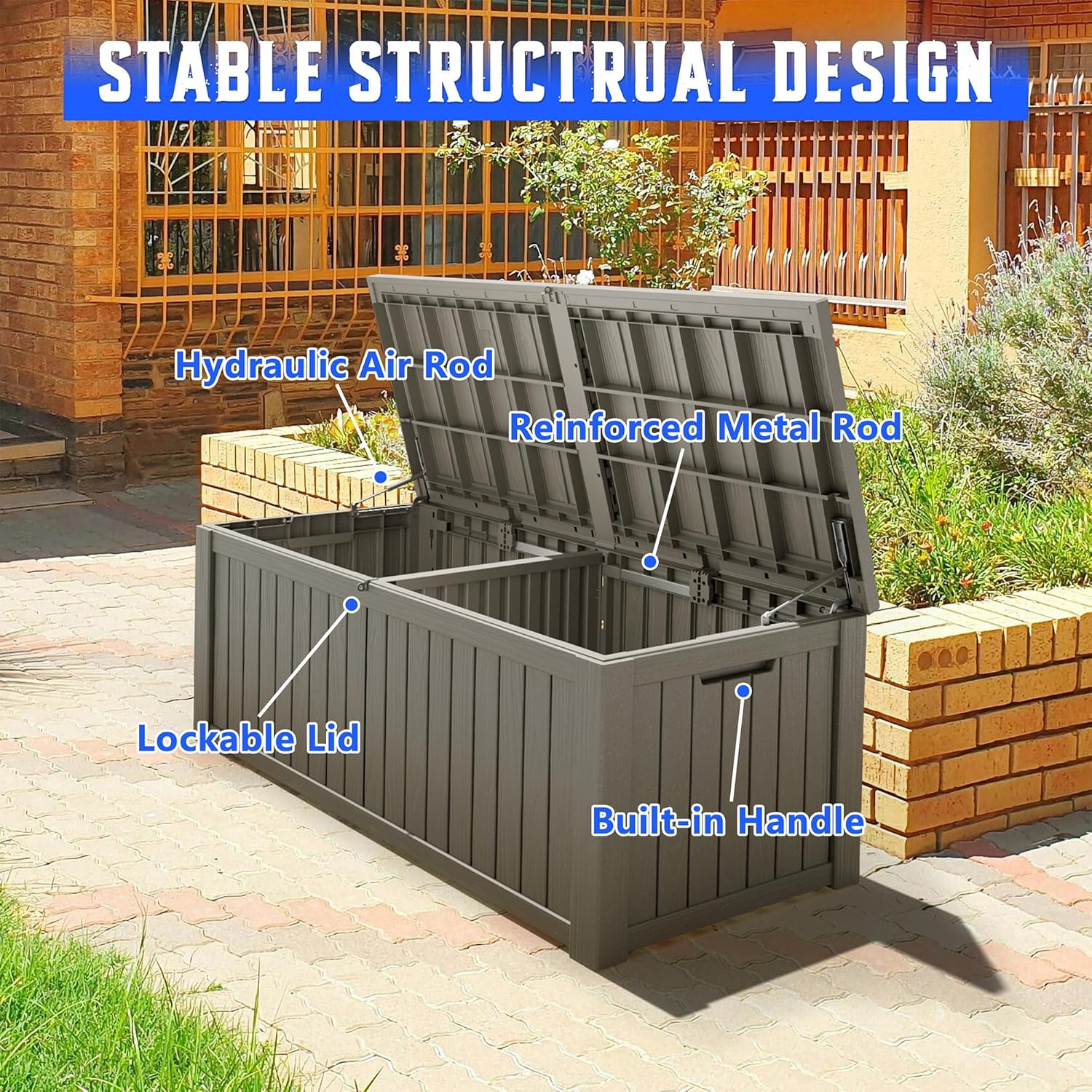 NUNU LAB 180 Gallon Outdoor Storage Box,Large Resin Sturdy Deck Box, Backyard Outside Storage Box Waterproof with Double Wall Panels,Package Delivery Garden Hose Storage Bin Outdoor Tool,Grey