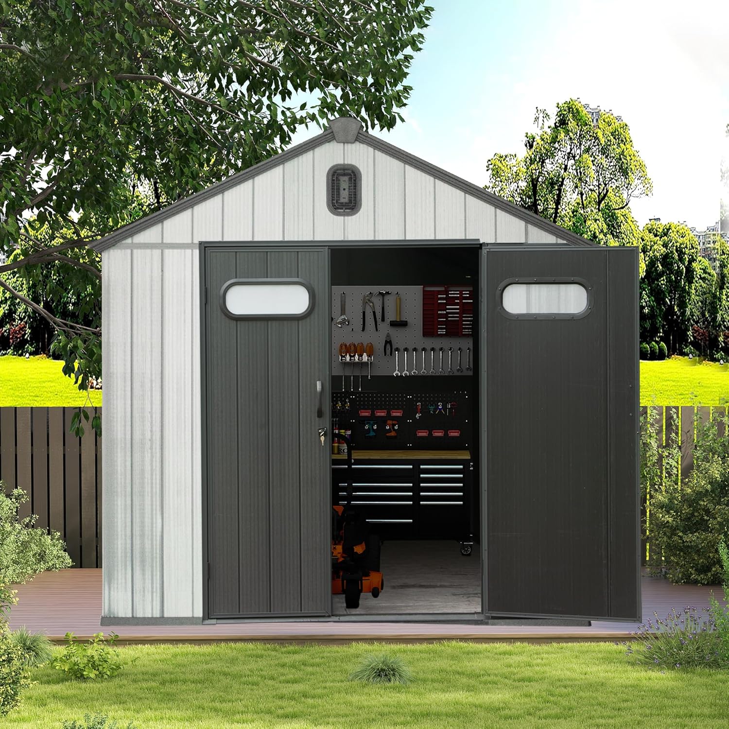 Domi 8x6 FT Outdoor Resin Storage Shed, All-Weather Double-Wall Storage Building for Backyard, Garden, Lawn Tools, Mower, Bike & Pool Equipment, Lockable Doors, Ventilated Roof, Grey