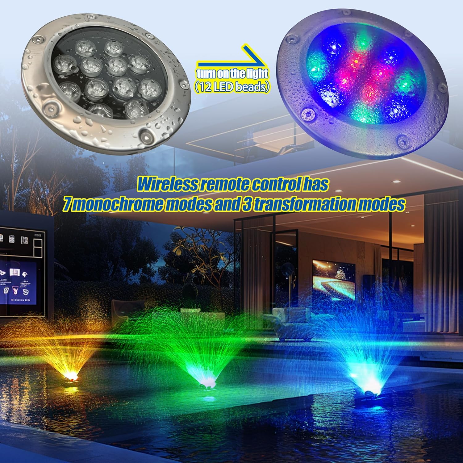RGB LED Pond Fountain Aerator 750W with Color-Changing Light Show, 1HP 15000 GPH Floating Aerating Pump, 100ft Power Cord, Wireless and Time Control, Perfect for Ponds & Lakes (RGB)