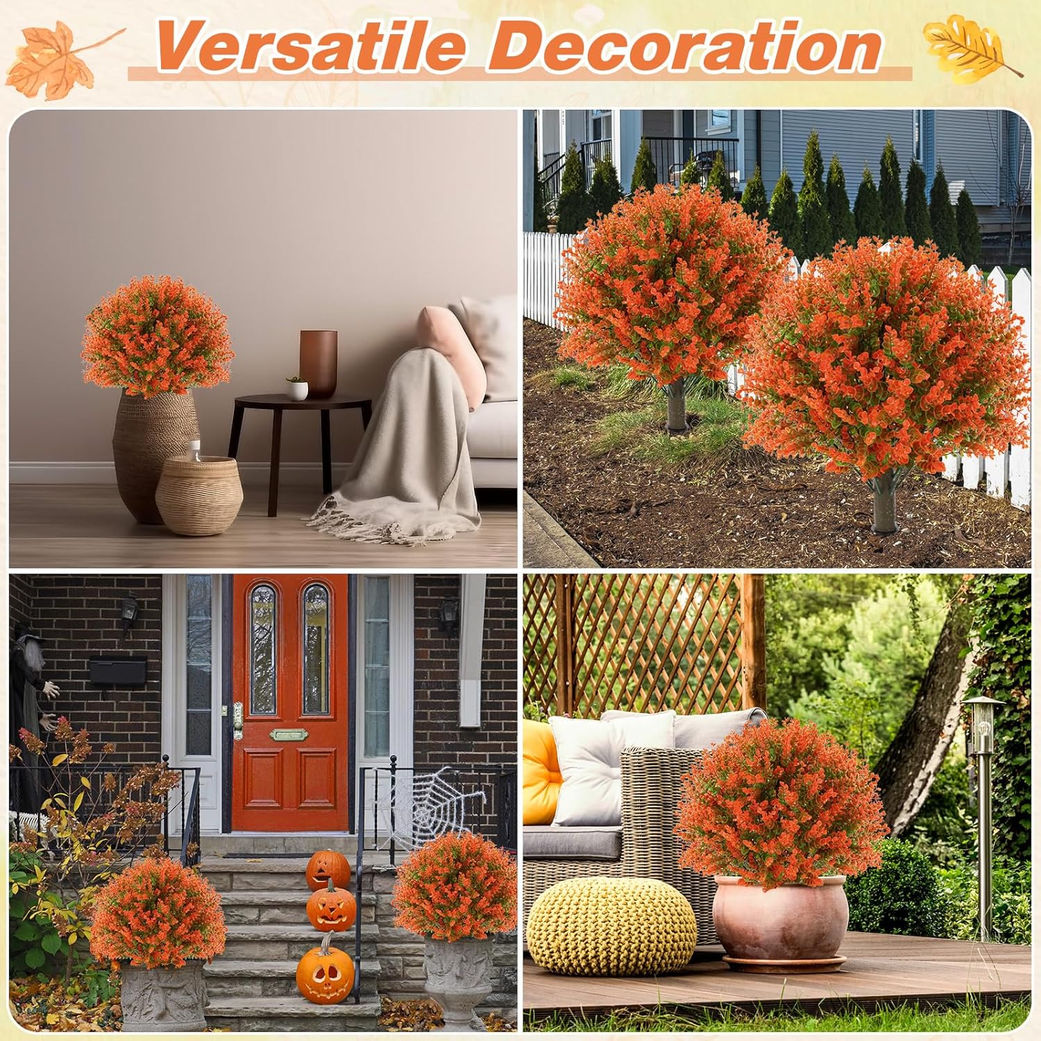 Yunlly 4 Pcs 18 Inch Fall Artificial Boxwood Ball Topiary Tree Outdoor Plants Bush, UV Resistance Faux Shrub with Spike Fall Porch Decor for Indoor Garden Yard Porch Patio Decor (Orange)