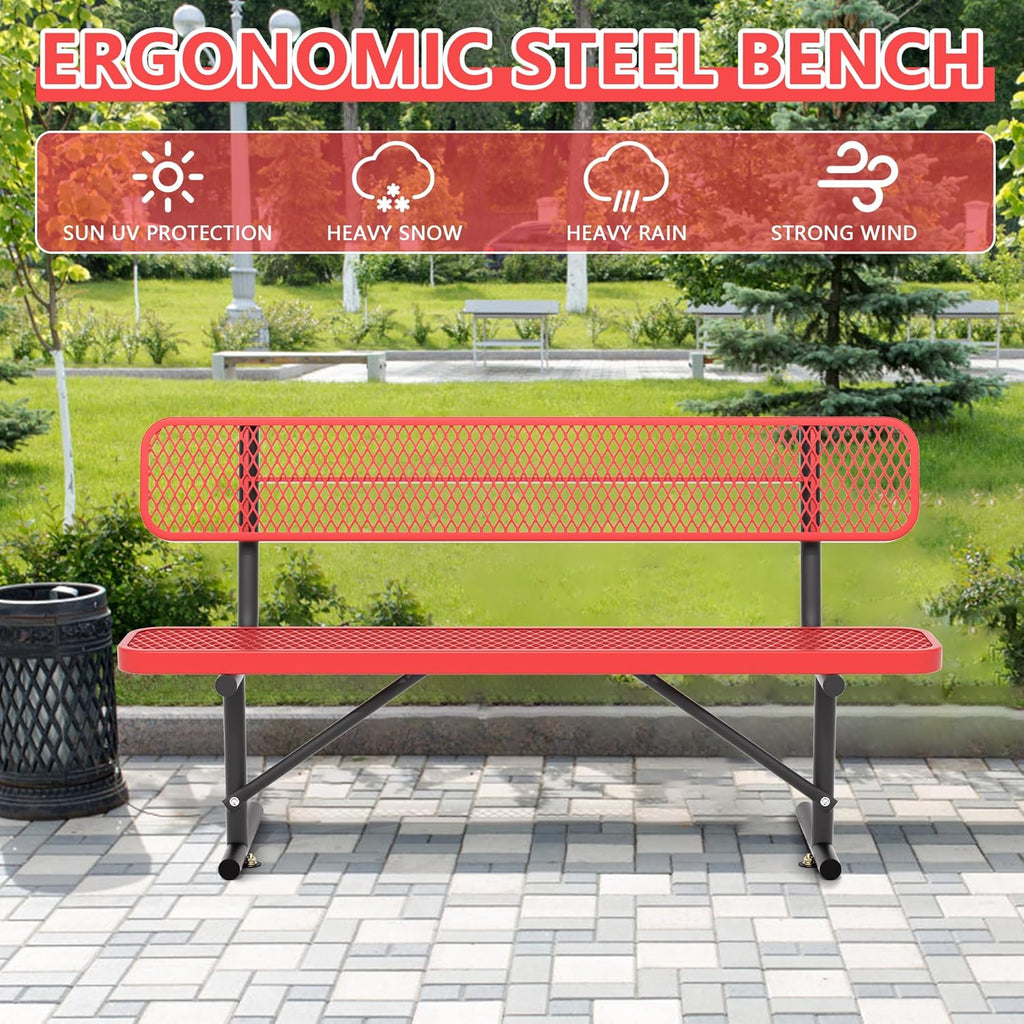 6FT Park Bench for Outside, Heavy-Duty Garden Bench W/ Back, Red Outdoor Metal Bench for Sitting Area, Commercial Bench for School Patio Porch Backyard Sports Church Locker Room Shopping Centers