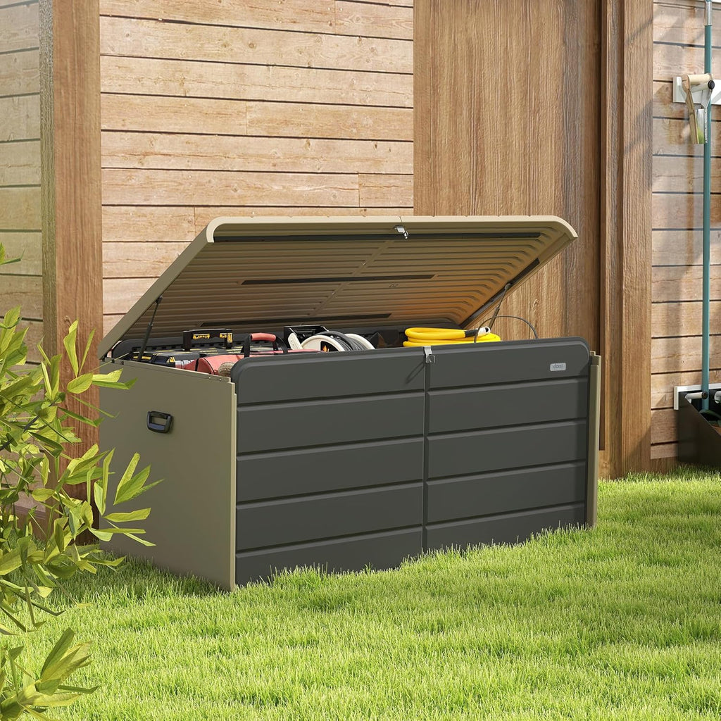 Domi 160 Gallon Resin Deck Box, Waterproof & UV-Resistant Outdoor Large Storage Box Lockable Storage Bin for Patio Cushions Pool Supplies Garden Tools and Delivery Storage