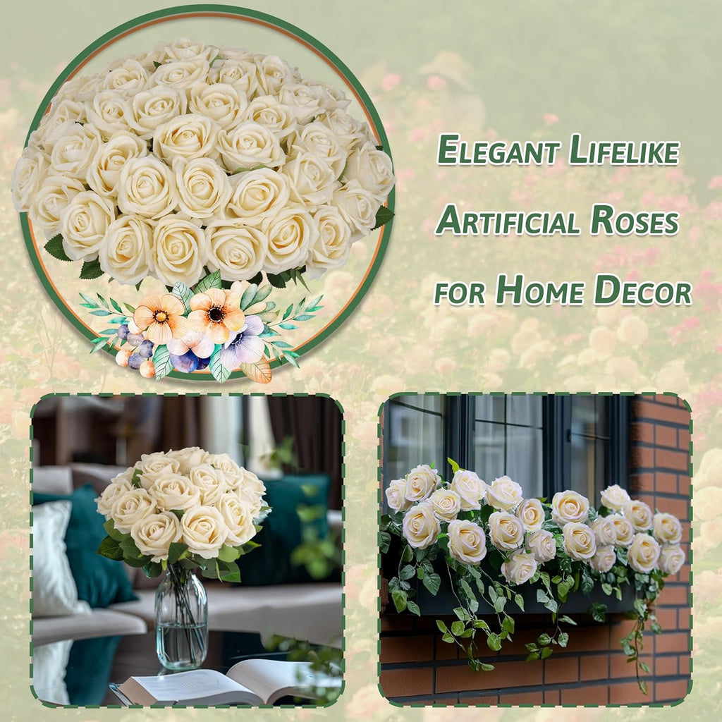 30 PCS Fake Champagne Roses, Artificial Flowers Bulk Realistic Silk Faux Rose with Stems for Wedding Decorations, Bridal Bouquets, Mother's Day Thanksgiving DIY Floral and Home Decor