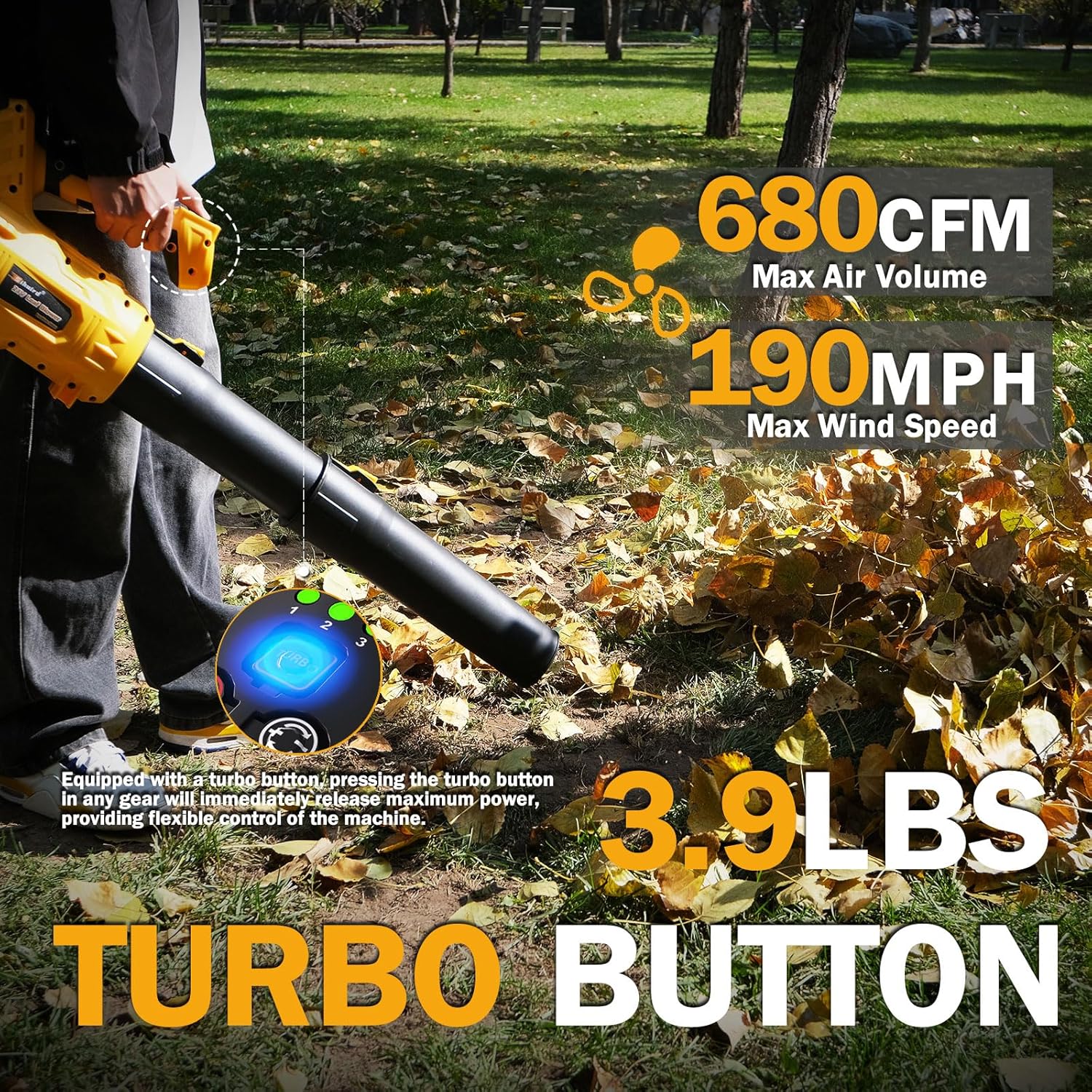 Leaf Blower Cordless,2 x 21V 6.0Ah Battery and Charger, with 680CFM 190MPH Electric Cordless Leaf Blower, 3-Variable Speed & Turbo Mode, Blowers for Lawn Care (5002 E) (Yellow)
