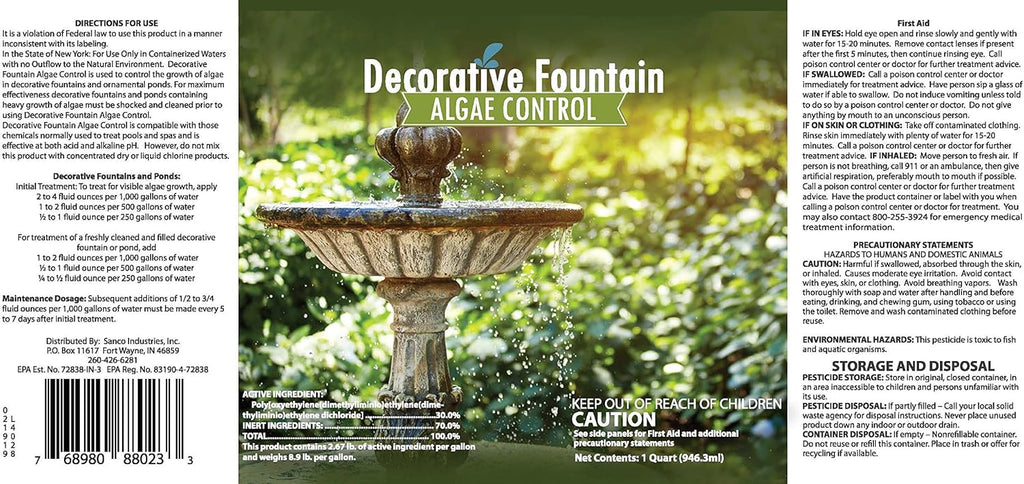 Fountain Algaecide and Clarifier - 32oz - Kills and Inhibits All Types of Algae Growth, Formulated for Small Ponds and Water Features, Treats up to 32,000 Gallons
