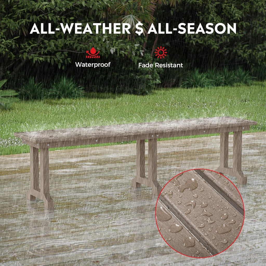Outdoor Benches Weatherproof, Park Long Bench Poly Lumber Backless for Entryway Front Porch Garden Bench Seat for Patio, Weathered Wood
