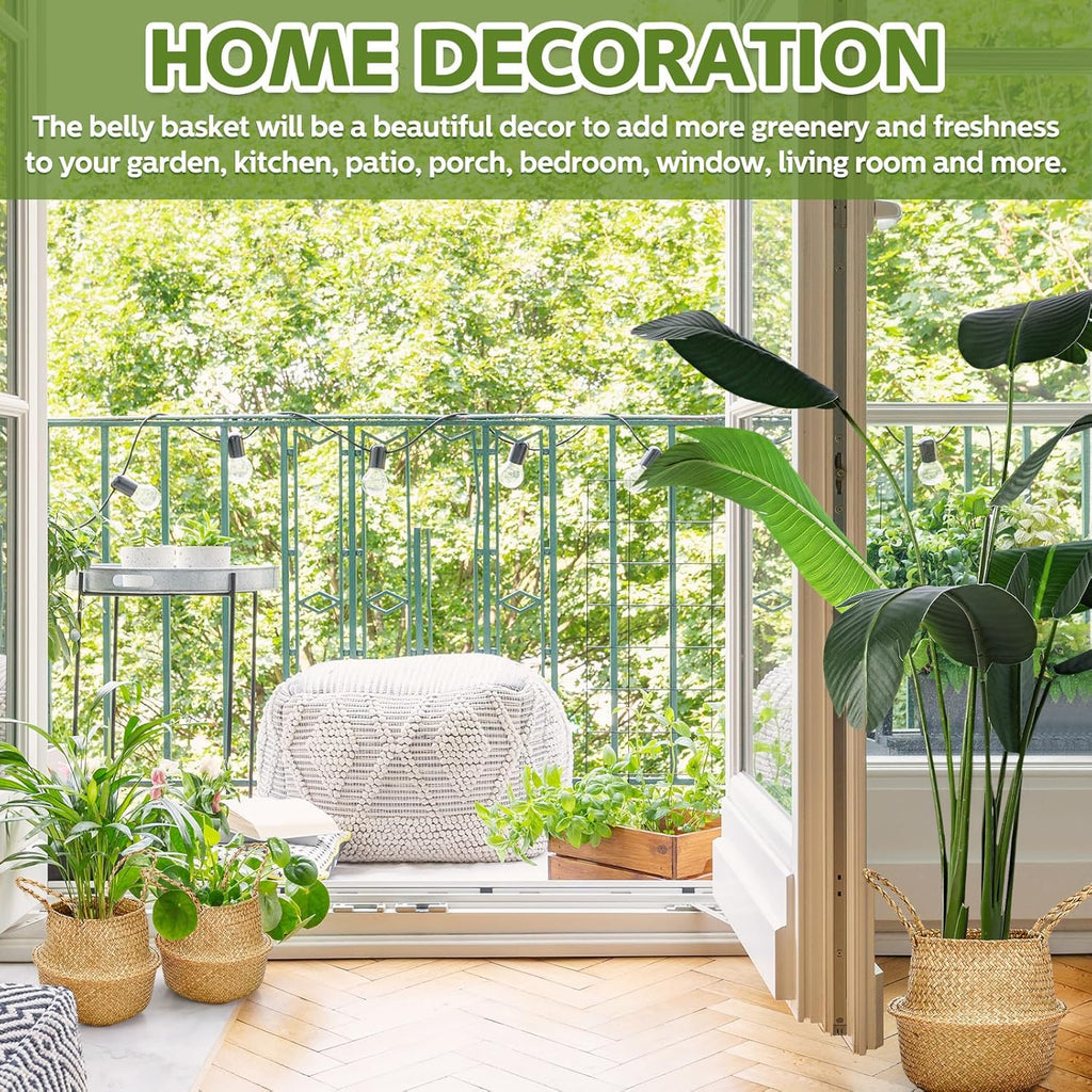 Qunclay Woven Seagrass Baskets Belly Basket Folding Boho Natural Plant Pot with Handles Round Decorative Wicker Large Indoor Planter for Home Outdoor Tree Planters Decor(12 x 11 Inch, 4 Pcs)