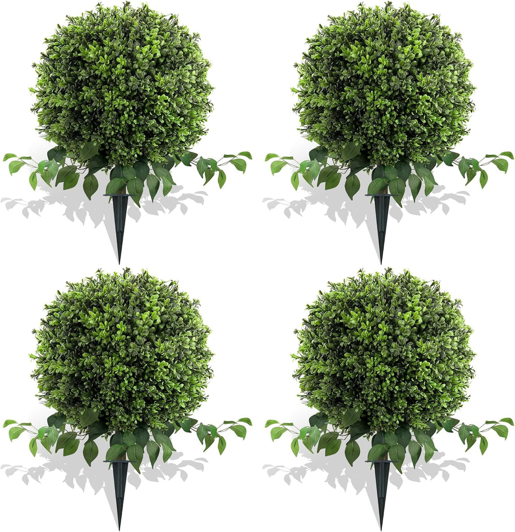 28" Artificial Boxwood Ball Bush, UV Resistant Topiary Tree Faux Boxwood Ball Shaped Porch Bushes with Ground Spike Artificial Bushes for Outdoors Front Door Decor Home Garden