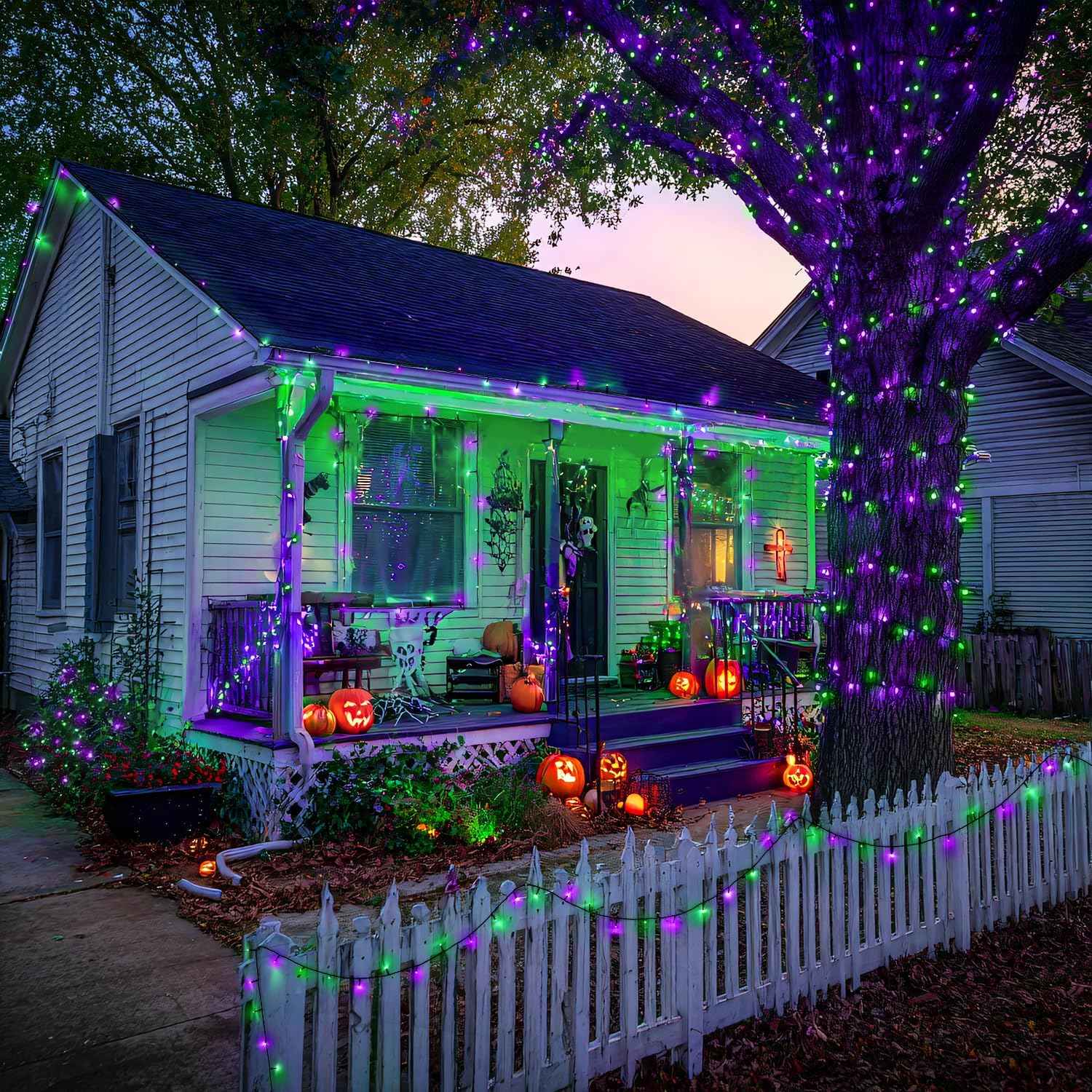 JMEXSUSS 2 Pack Purple and Green Halloween Lights, Total 400 LED 151FT Solar Halloween Lights Outdoor Waterproof, 8 Modes Solar Christmas String Light for Outside Tree Patio Decorations