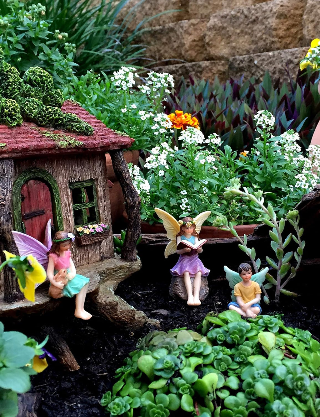 PRETMANNS Fairy House Kit - Fairy Garden Accessories for Outdoor Miniature Village Decor, with Three Fairies - House, 9’ High & Door can Open Wide - 4 Piece Supplies