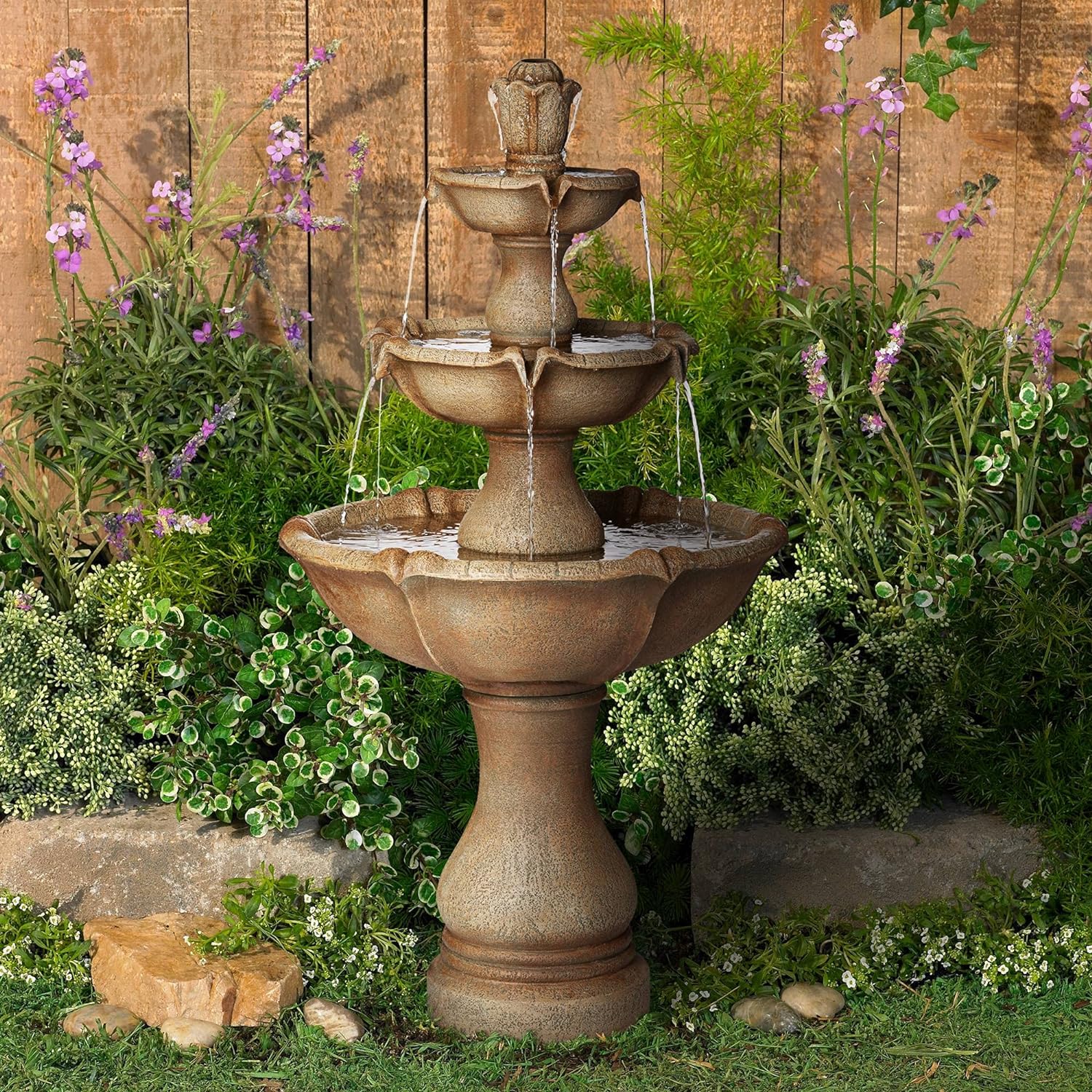 Arosco Modern Rustic Outdoor Floor Water Fountain with Light LED 43" High 3-Tiered Resin for Garden Patio Yard Deck Home Lawn Porch House Relaxation Exterior - John Timberland