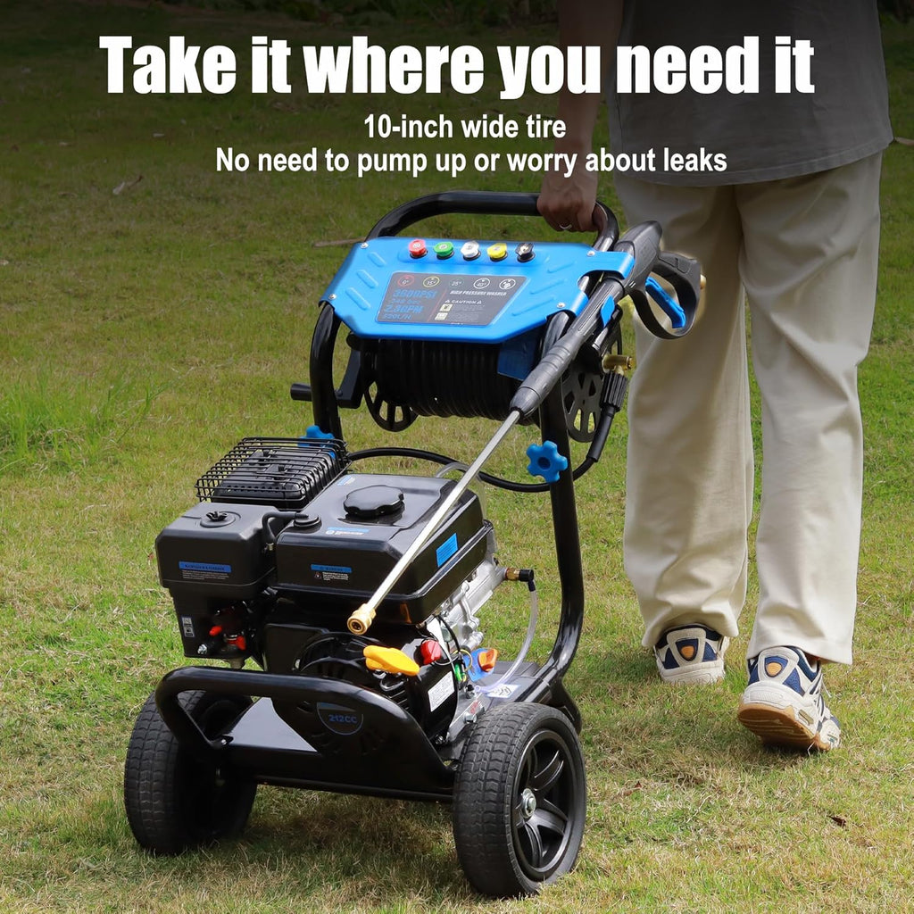 Gas Pressure Washer 3600 PSI, 2.3 GPM Heavy Duty High Power Washer,212CC Engine with 30FT Hose, Axial Aluminum Pump, Soap Tank, Spray Gun and Wand, 5 Quick Connect Nozzle (Blue)