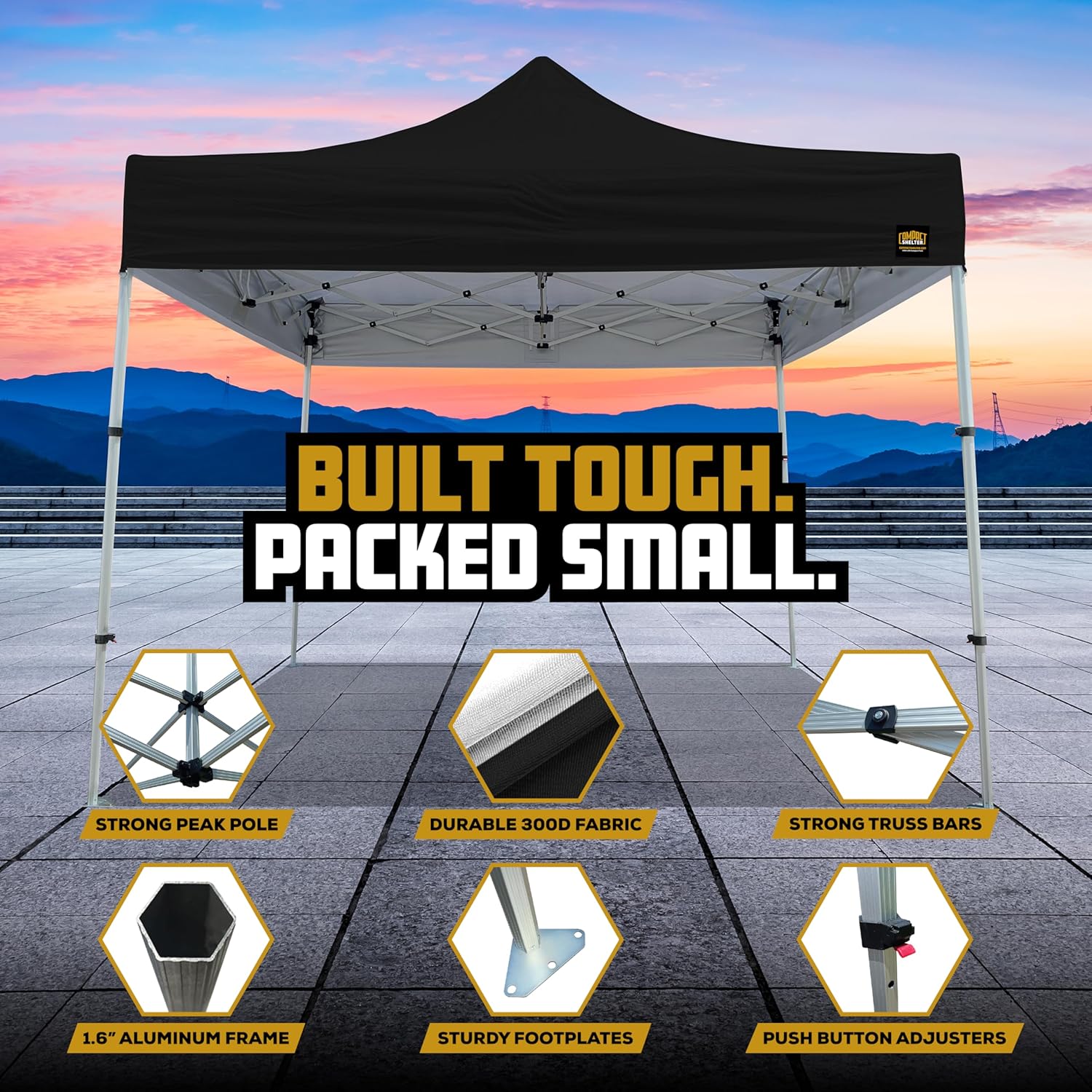 10x10 Heavy Duty Pop Up Canopy - EZ Up, Commercial Grade Aluminum Frame, 42” Folded Frame Height, UPF 50+, Adjustable Portable Tent for Beach, Events, Camping, Roller Bag (Black)