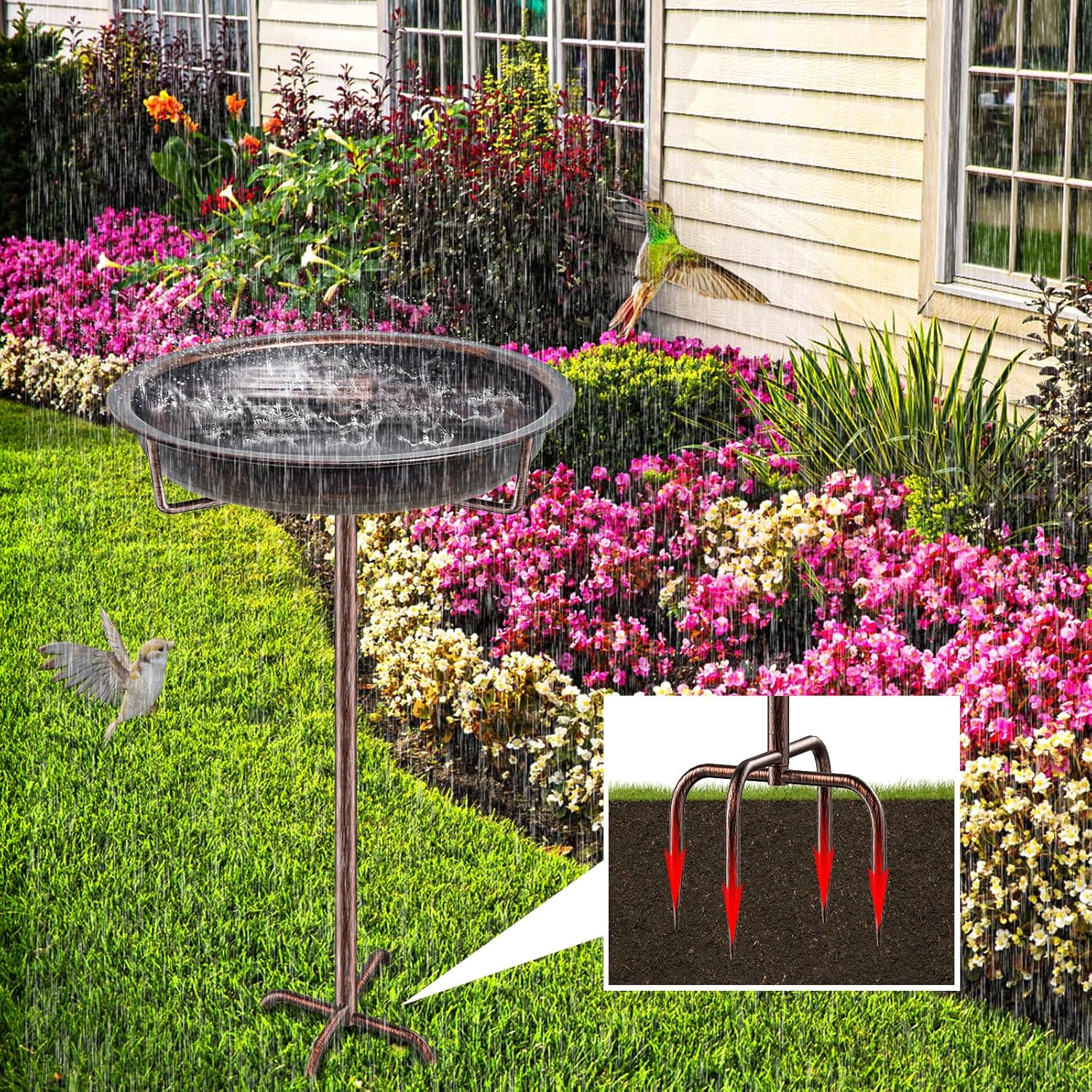 Metal Bird Bath for Outside Garden Birdbath Bowl, 36.2" Height Freestanding Bird Feeders for Outdoors with 4 Prongs Base Stake, Standing Birdfeeders for Yard Lawn Decor (Retro Copper)