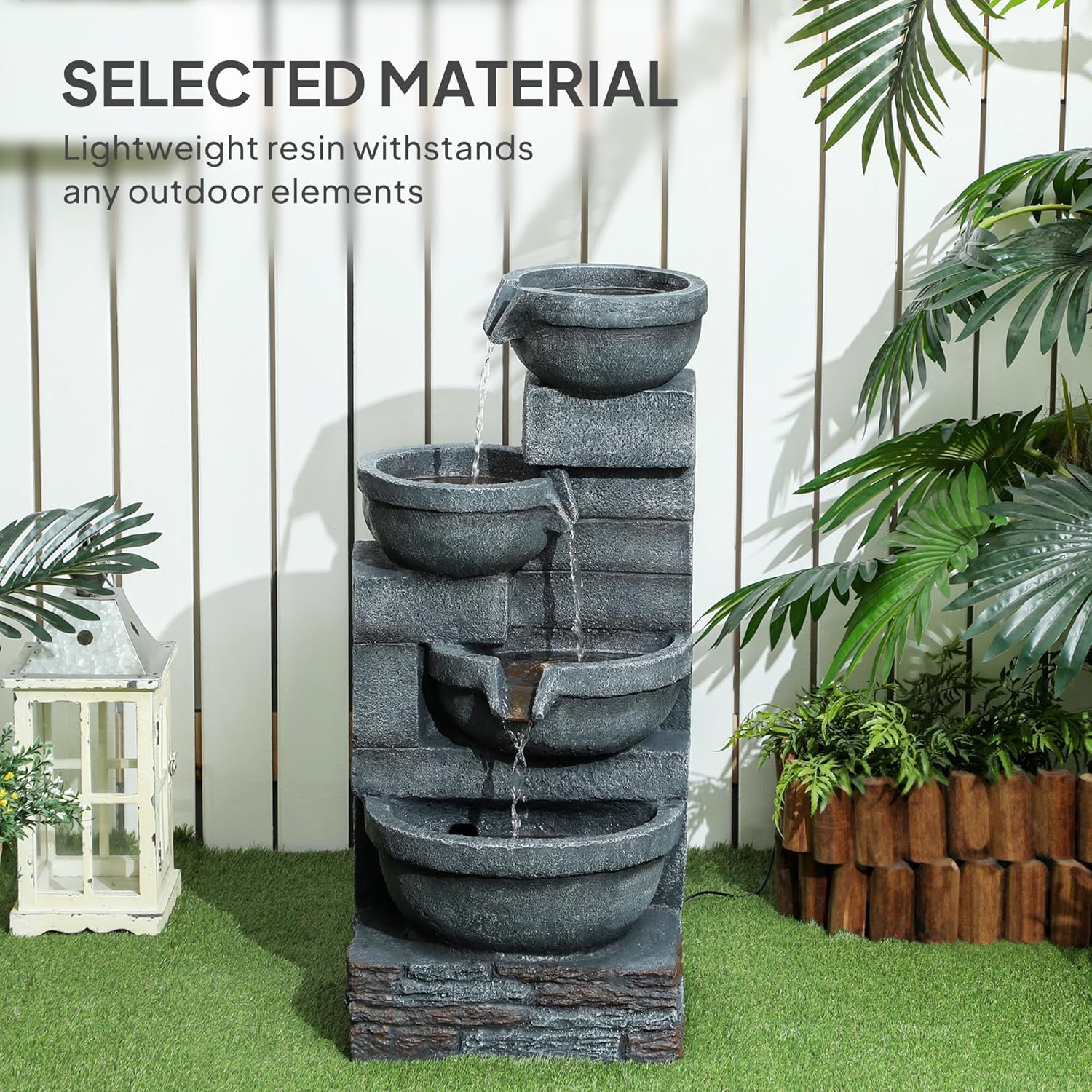 Outsunny 30" Tall Outdoor Waterfall Fountain with LED Lights, 4-Tier Resin Cascading Water Bowls with Pump, Gray