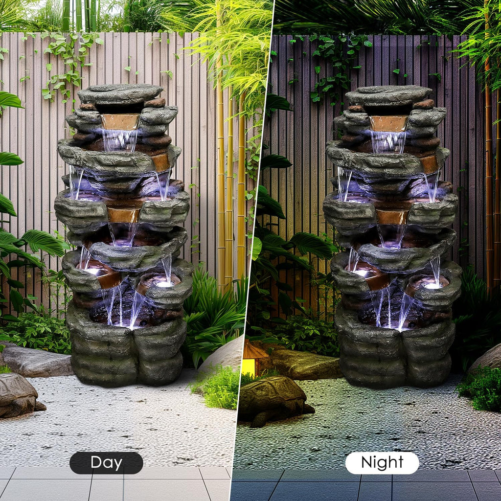 SunJet 47.2" High 6-Tiers Cascading Rock Outdoor Water Fountain with LED Lights - Large Outdoor Fountains and Waterfalls for Garden or Patio, Yard, and Deck Decor, Featuring Natural Stone Look